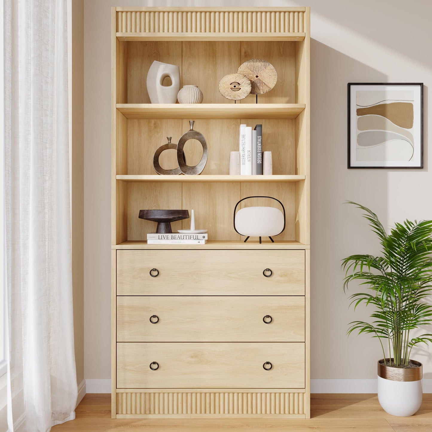 GarveeHome Bookshelf with Drawers 70.8" Fluted Bookcase, Light Wood Bookshelf 6 Tier Bookcase with Storage, Tall Book Shelf with Waved Design, Storage Cabinet with Open Shelf for Living Room Office