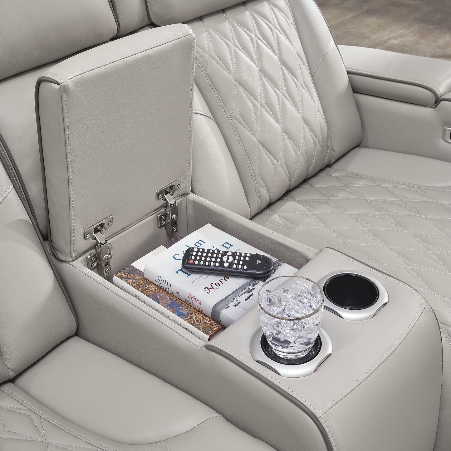 Signature Design by Ashley Boyington Contemporary Leather Match Power Reclining Loveseat with Console and USB Charging Ports, LED Lights and Adjustable Headrest, Light Gray