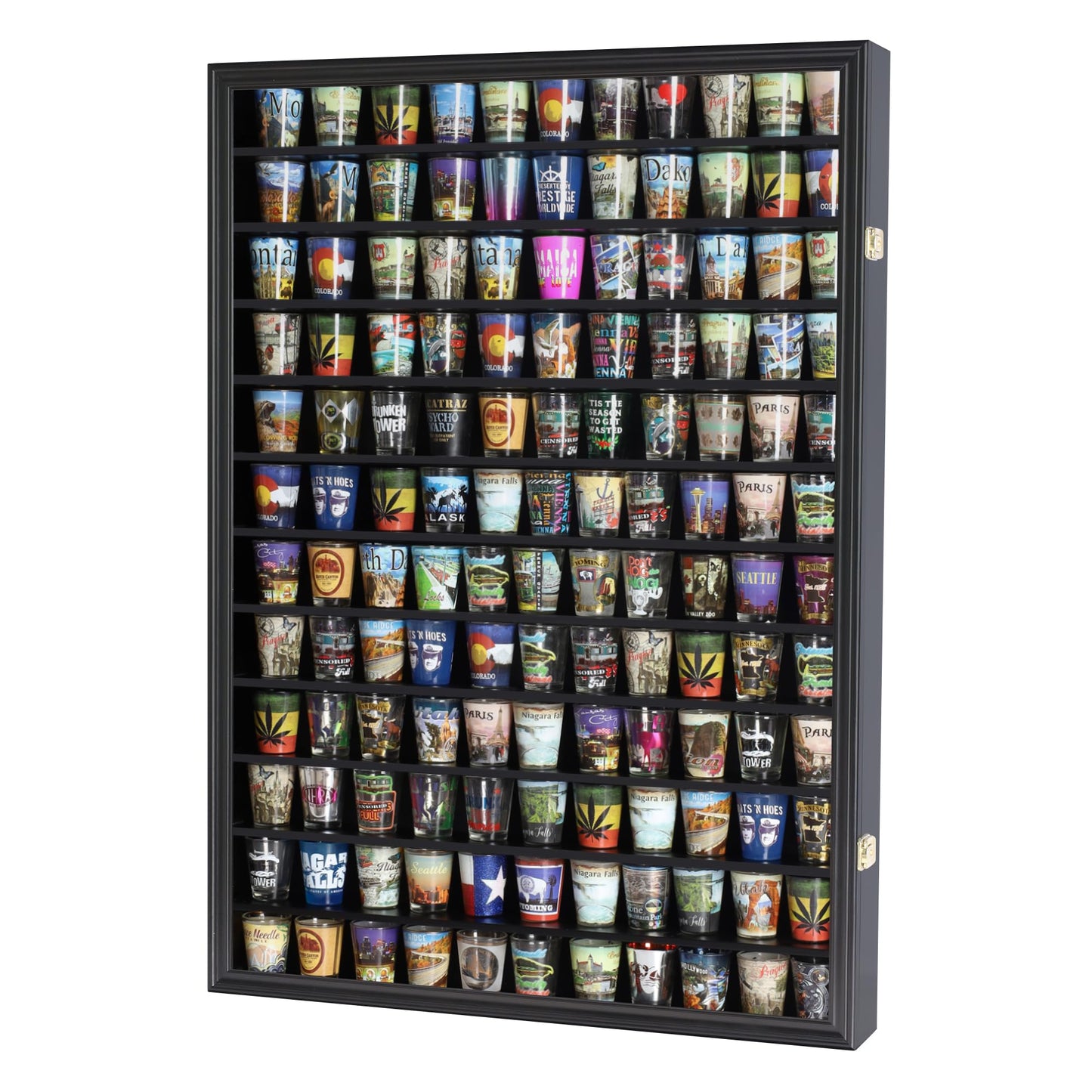 Large 144 Shot Glass Display Case Rack Solid Wood Cabinet Holder Wall Curio Cabinet Shadow Box for Action Figures Small Figurines - Lockable with UV Protection Door - Black Finish
