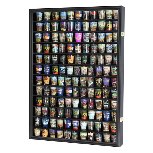 Large 144 Shot Glass Display Case Rack Solid Wood Cabinet Holder Wall Curio Cabinet Shadow Box for Action Figures Small Figurines - Lockable with UV Protection Door - Black Finish