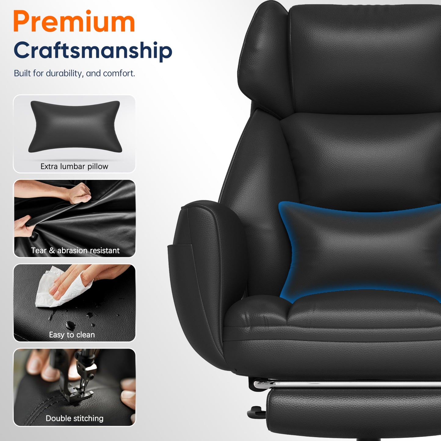 GABRYLLY Criss Cross Chair with Footrest, Big and Tall Office Chair - Wide Seat, Reversible Armrests, 120°Tilt, 400LBS Heavy-Duty Executive Leather Chair for Working, Gaming & Meditation, Grey