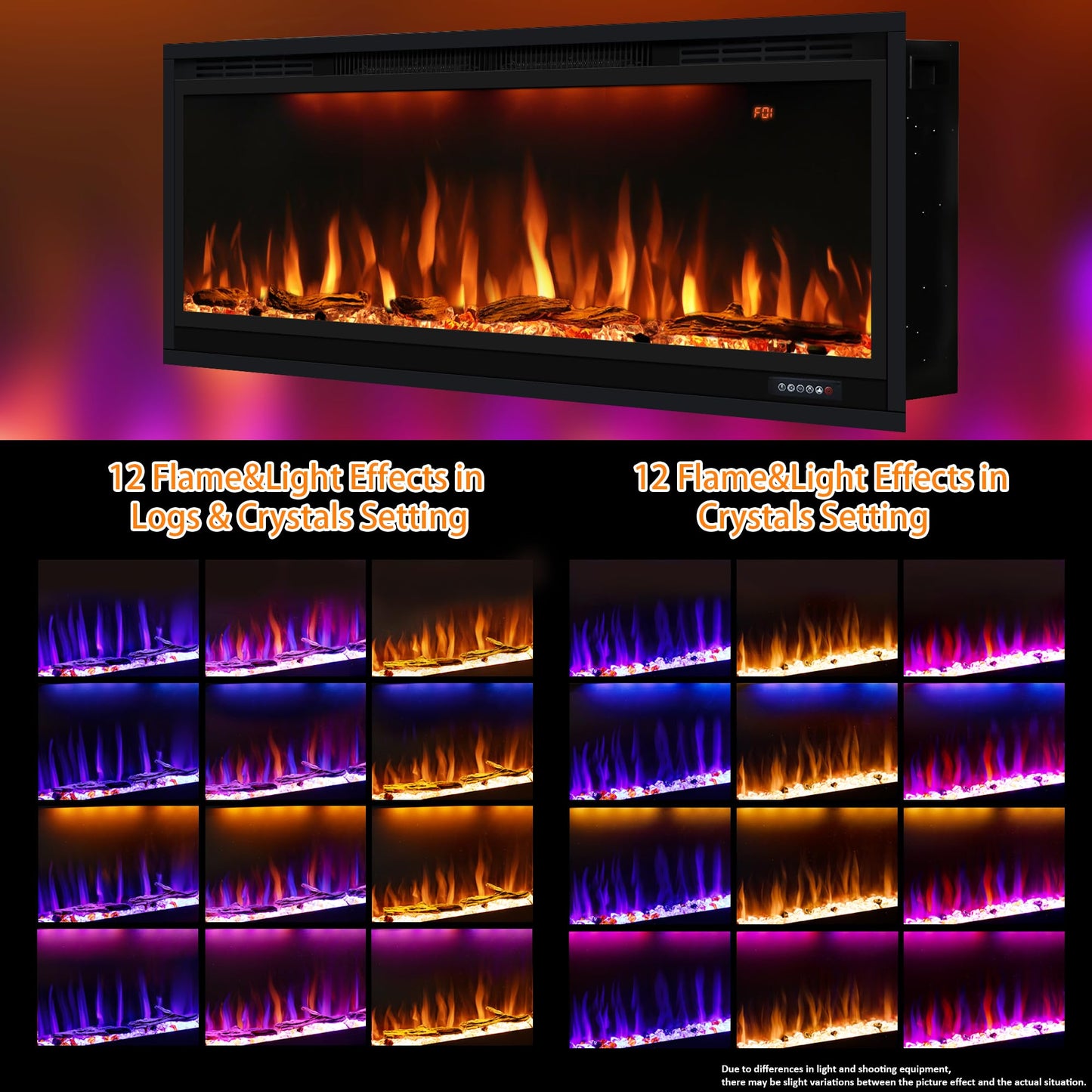 42 inch Smart Electric Fireplace WiFi-Enabled, Recessed &Wall Mounted Fireplace Inserts, Multicolor Flame w/Realistic Log &Crystals, Thermostat& Overheating Protection,Timer, 750W/1500W, Black
