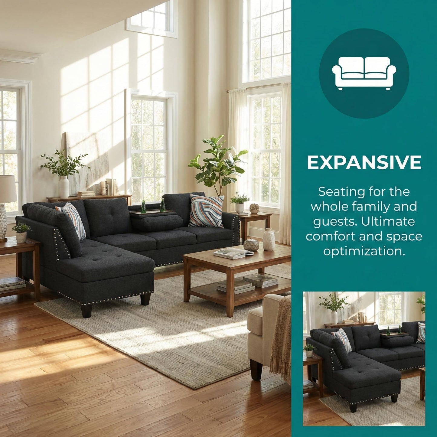 Trygoal L-Shaped Sectional Couch with Cup Holders, Living Room Sofa with Lounge Chaise, Modern 4 Seater Sofa Couch for Living Room, Small Apartment & Office, Black Gray