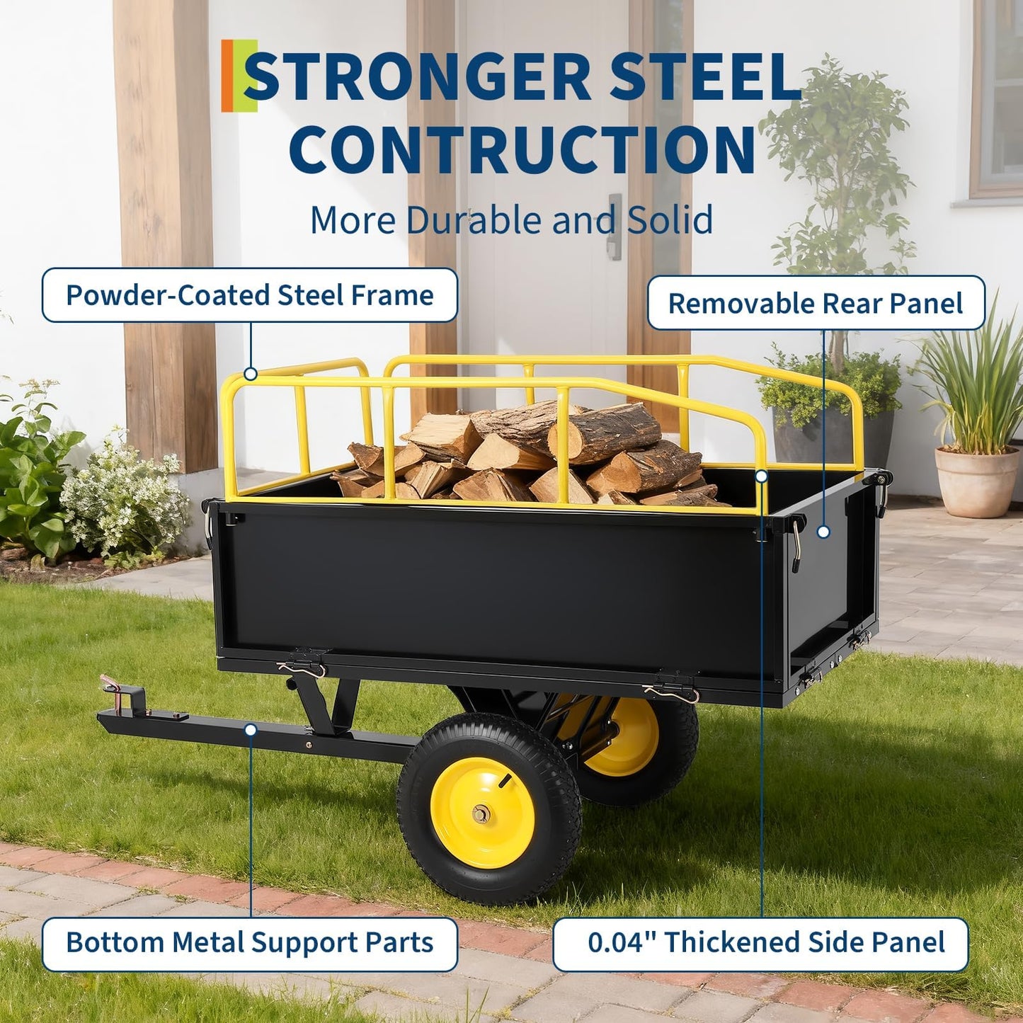 Lawn Mower Trailer ATV Dump Cart Tow Behind, 600 Lb Capacity, 17 Cu.ft, Heavy Duty Steel Garden Utility Trailer with All Terrain Tires & Removable Sides for Yard Lawn