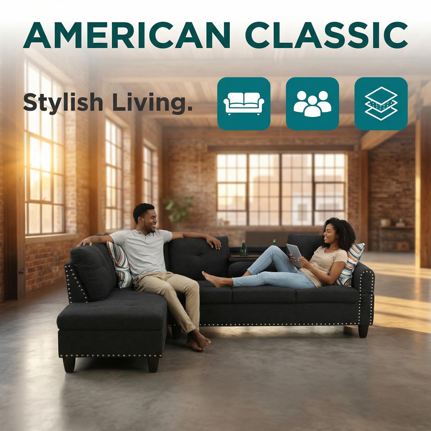 Trygoal L-Shaped Sectional Couch with Cup Holders, Living Room Sofa with Lounge Chaise, Modern 4 Seater Sofa Couch for Living Room, Small Apartment & Office, Black Gray