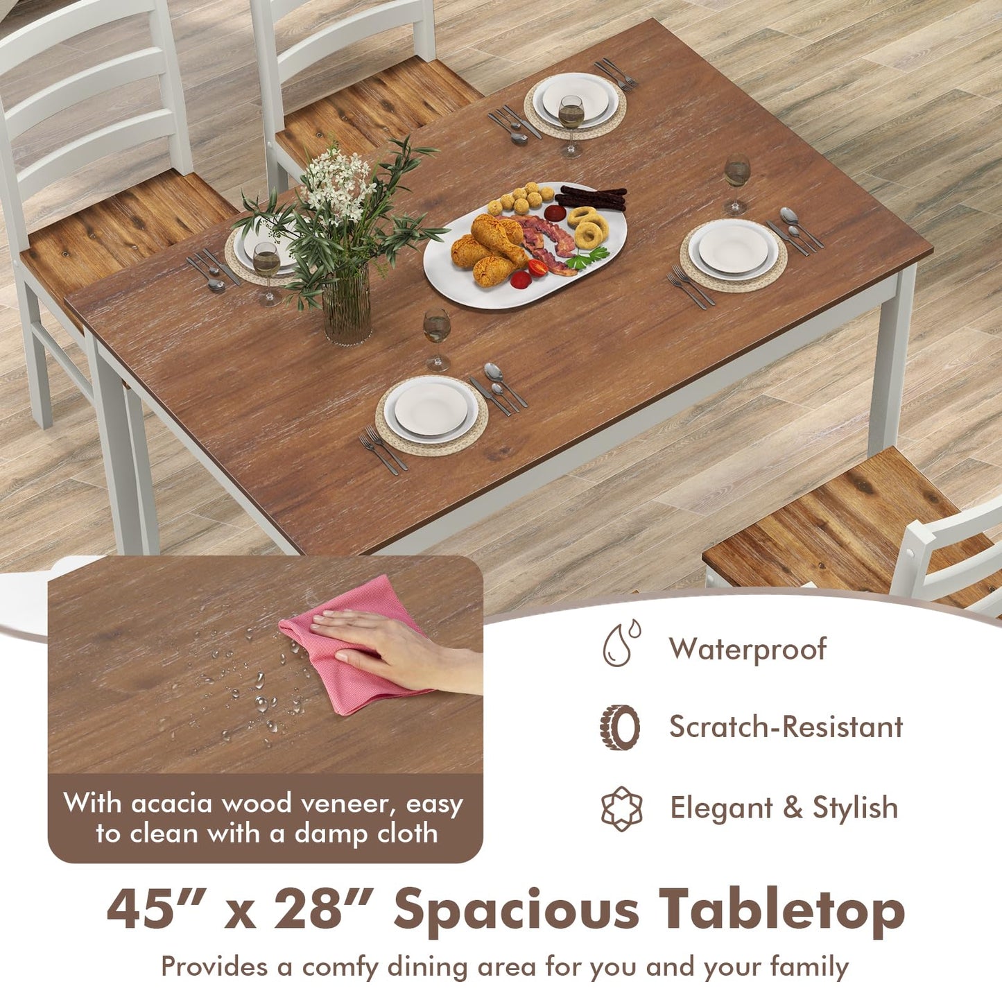 Giantex 5-Piece Dining Table Set for 4, 45" Rectangular Kitchen Table and Chairs Set with Solid Rubber Wood Legs, Space Saving Dinette Set for Small Space, Breakfast Nook, Restaurant (Rustic Brown)