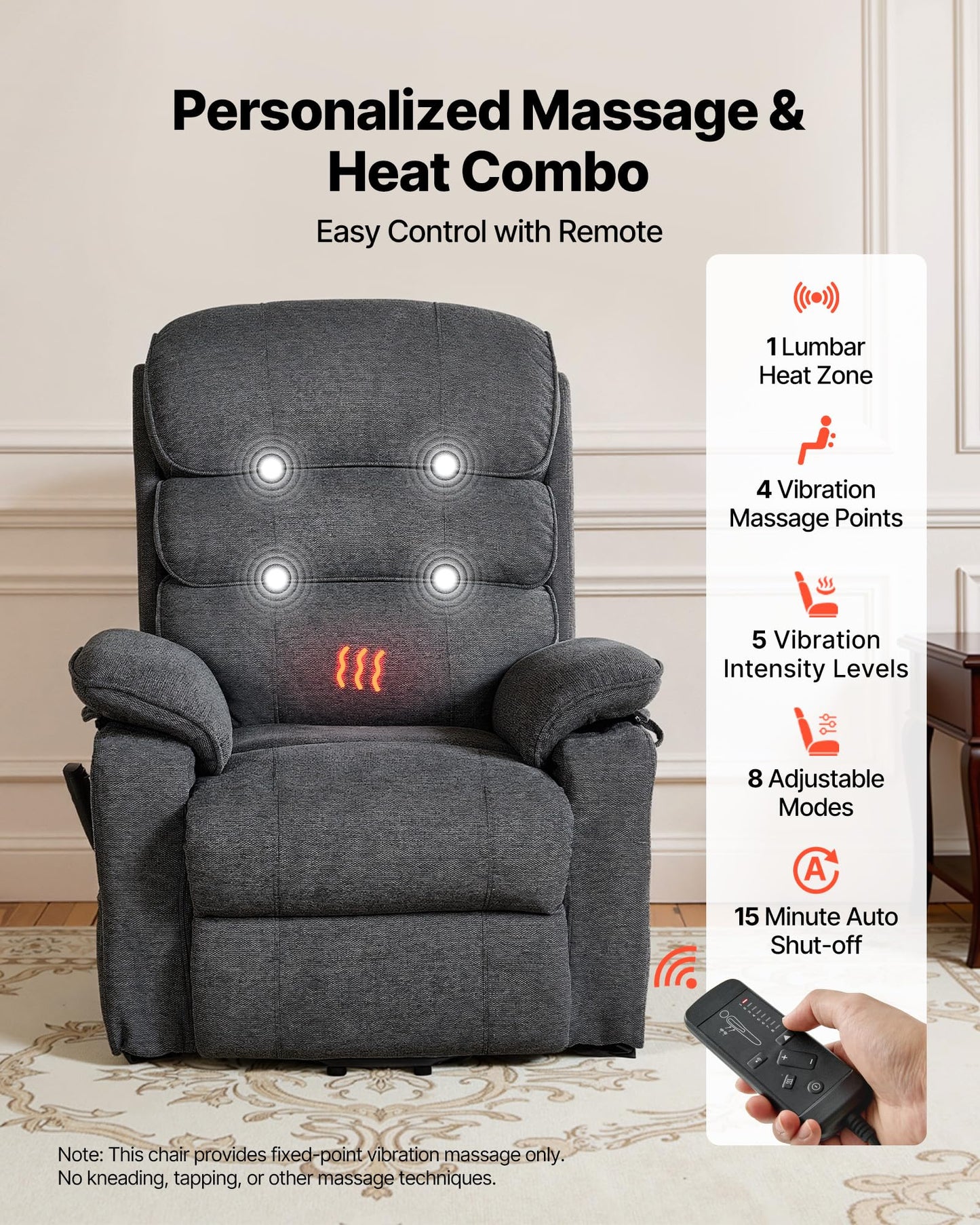 VEVOR Power Lift Recliner Chair, Dual Motor Lift Chair with Heat and Massage for Elderly, Position Adjustable, Remote Control, with Side Pockets, Chenille Fabric, Dark Gray