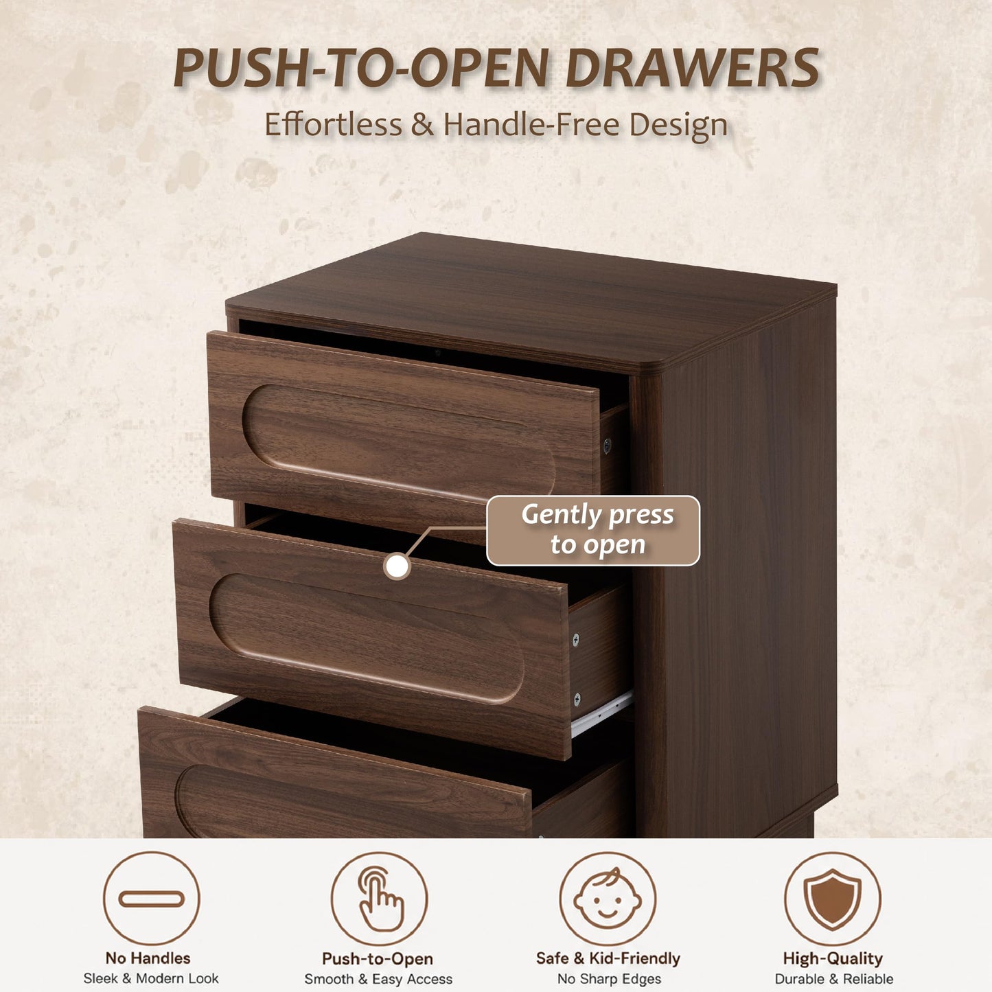 Aoikax Modern 3 Drawer Nightstand X 2P with Push-to-Open Drawers, Mid-Century Bedside Table with Raised Base for Bedroom, Oval Groove Panel Front, Dark Walnut Color