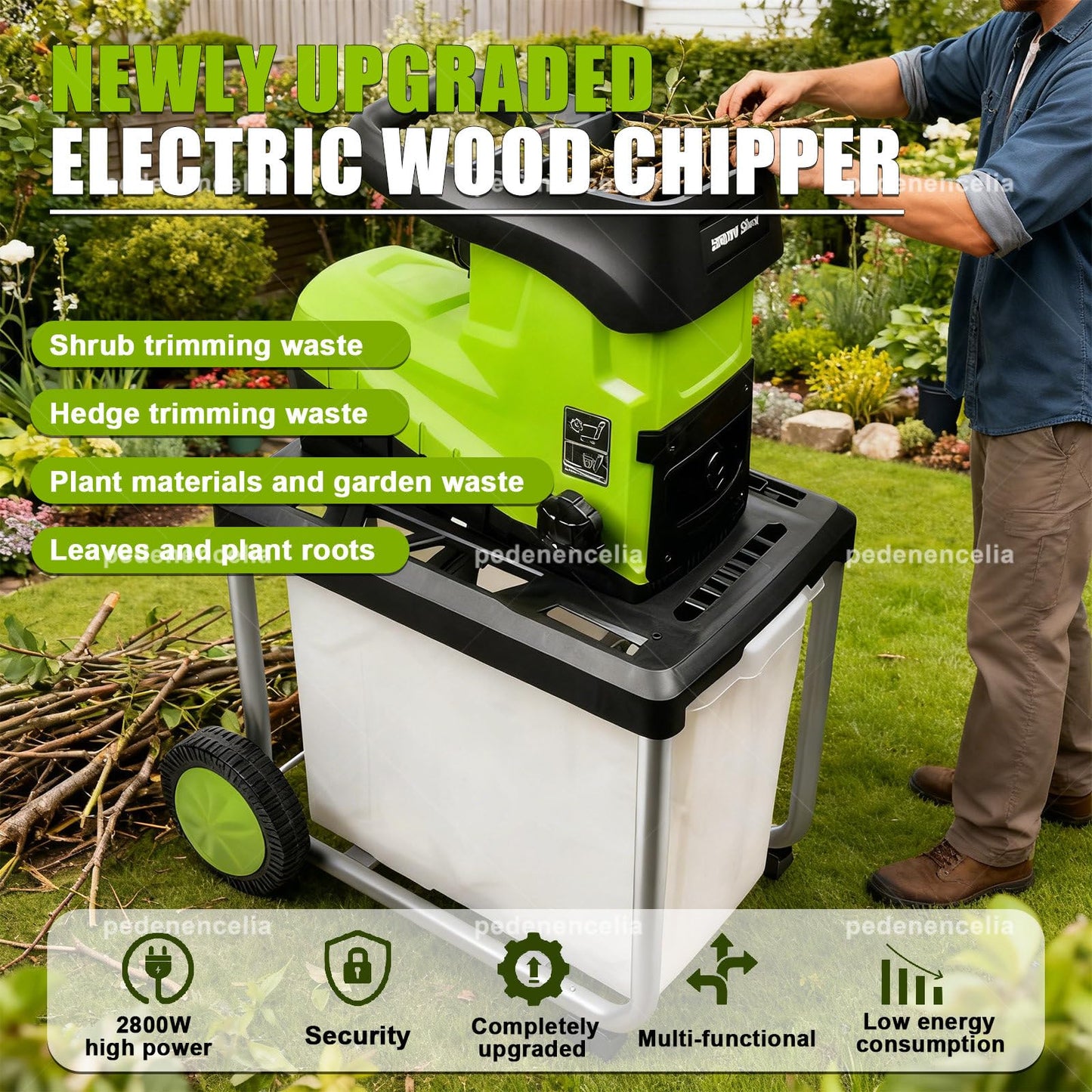 pedenencelia Garden Shredder Electric 2800w, with 60l Detachable Collection Box, 5000rpm Mulcher for 45mm/1.77" Branches, Wood Chipper with New Hobbing Cutter Head, for Garden Debris and Branches