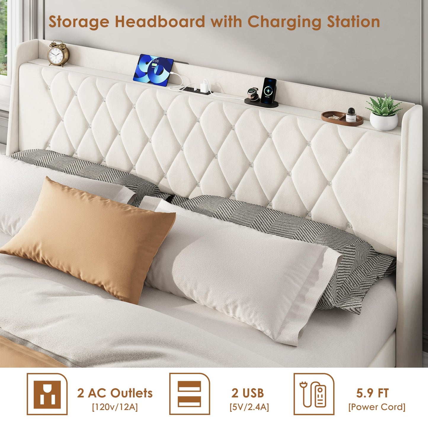 Garvee King Size Bed Frame with Storage, Velvet Upholstered Platform Bed Frame with Crystal Tufted Headboard, Charging Station, 3 Drawers, No Box Spring Needed, Noise-Free,for Bedroom, Ivory
