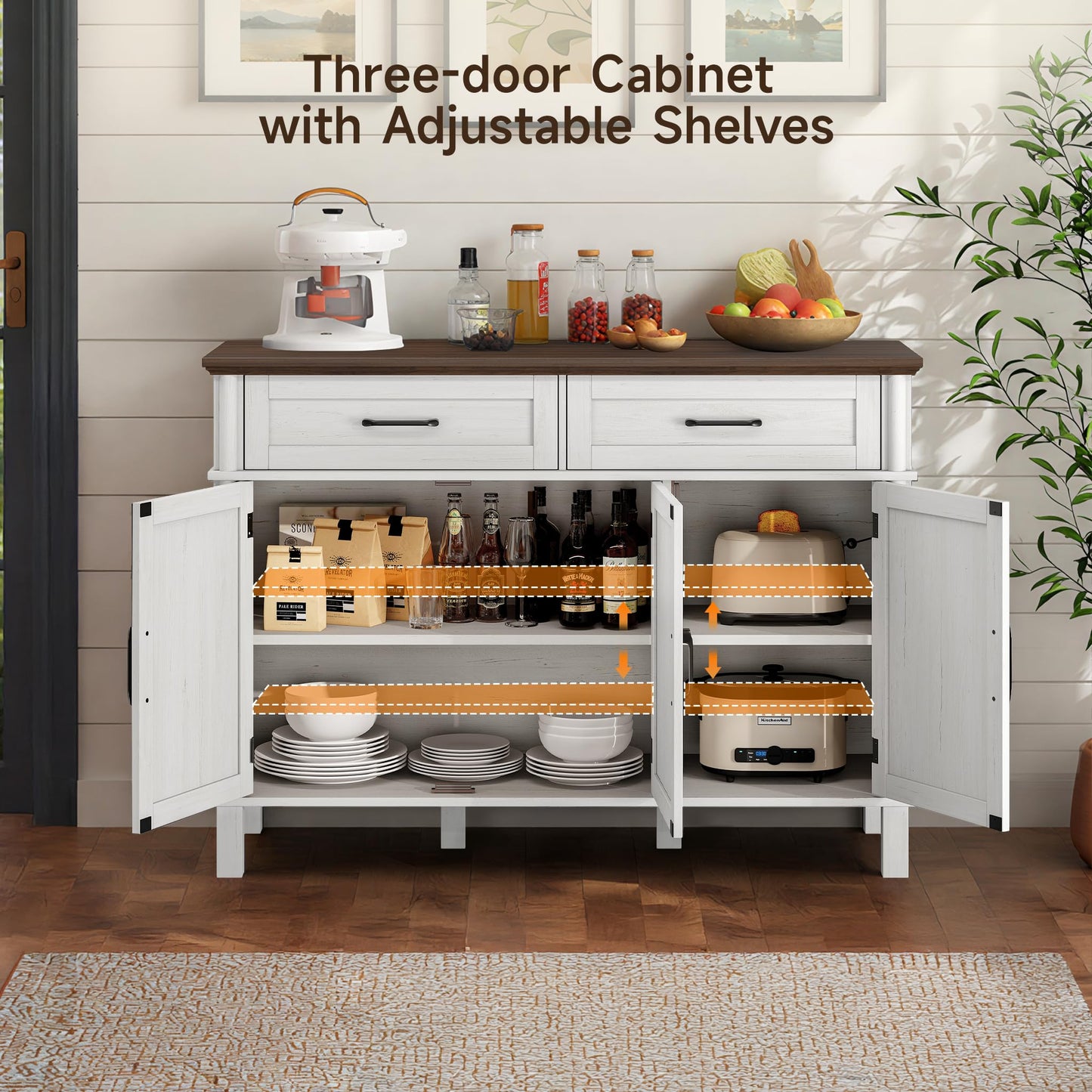 55 Inches Sideboard Buffet Cabinet with Storage, Farmhouse Sideboard Buffet w/2 Drawers and 3 Doors, Wood Kitchen Console Table with Adjustable Shelf, for Living Room, Hallway, Off White