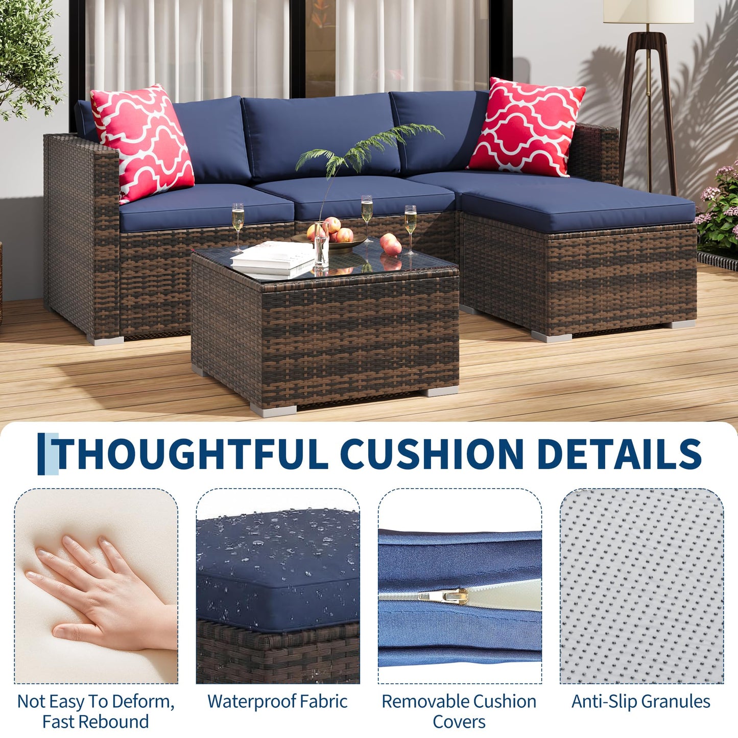 PeakPursuit Outdoor Patio Furniture Set, 5 Pieces Rattan Patio Conversation Sets with Glass Coffee Table and Cushion,All Weather Outdoor Patio Sofa for Garden, Poolside, Backyard,Blue