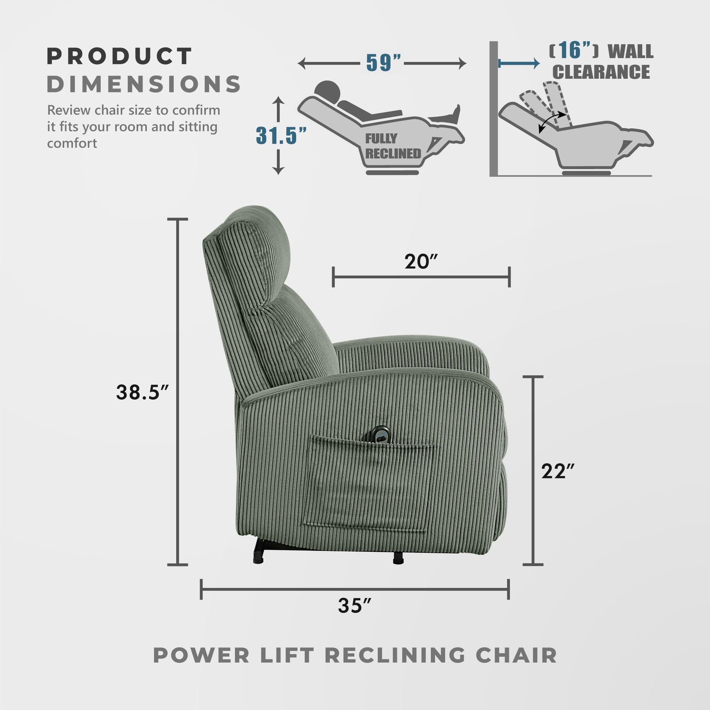 Lexicon Power Lift Recliner Chair for Elderly with Remote Control, Gentle Lift Motion, Side Pocket Armrest, Corduroy Upholstered Electric Recliner for Living Room/Bedroom, Easy Assembly, Green
