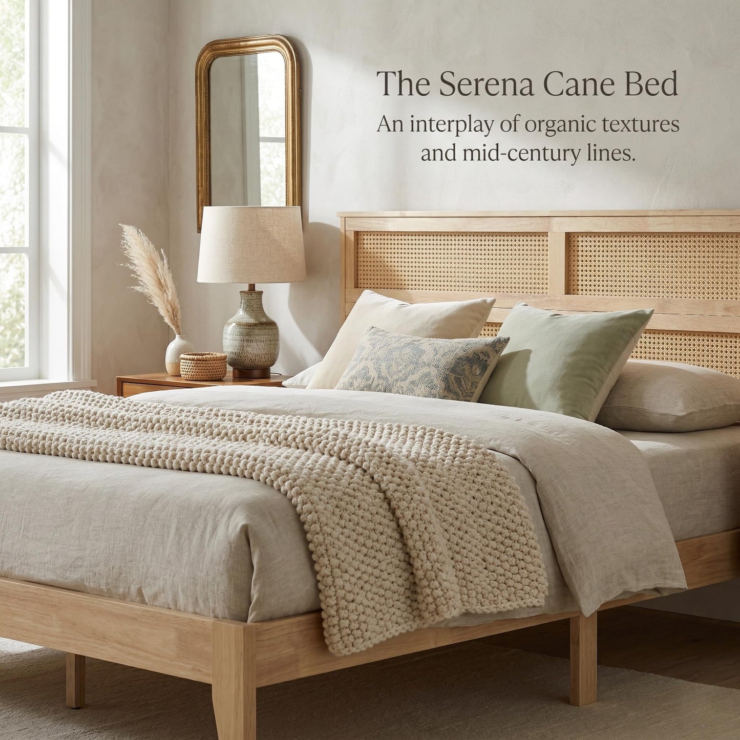 KEIKI King Size Solid Wood Bed Frame with Interwoven Rattan Headboard, Rubber Wood Platform Bed with Underbed Storage Space, Heavy Duty Support Legs, Noise Free Foundation, Natural