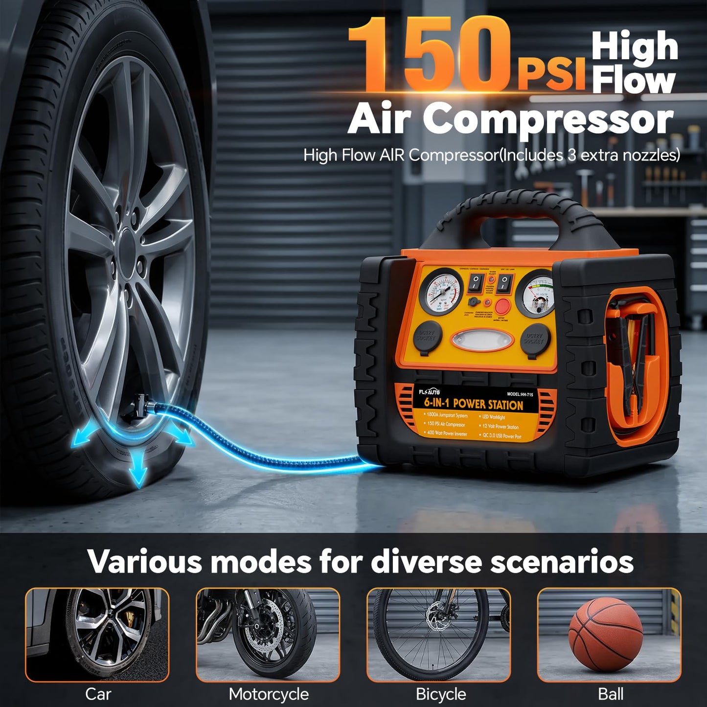 Portable Jump Starter with Air Compressor, FlyAuto 1800A Battery Booster for Cars, Trucks & SUVs, Up to 8.0L Gas & 6.0L Diesel, 150PSI Tire Inflator, Emergency Power Pack with AC/DC/USB