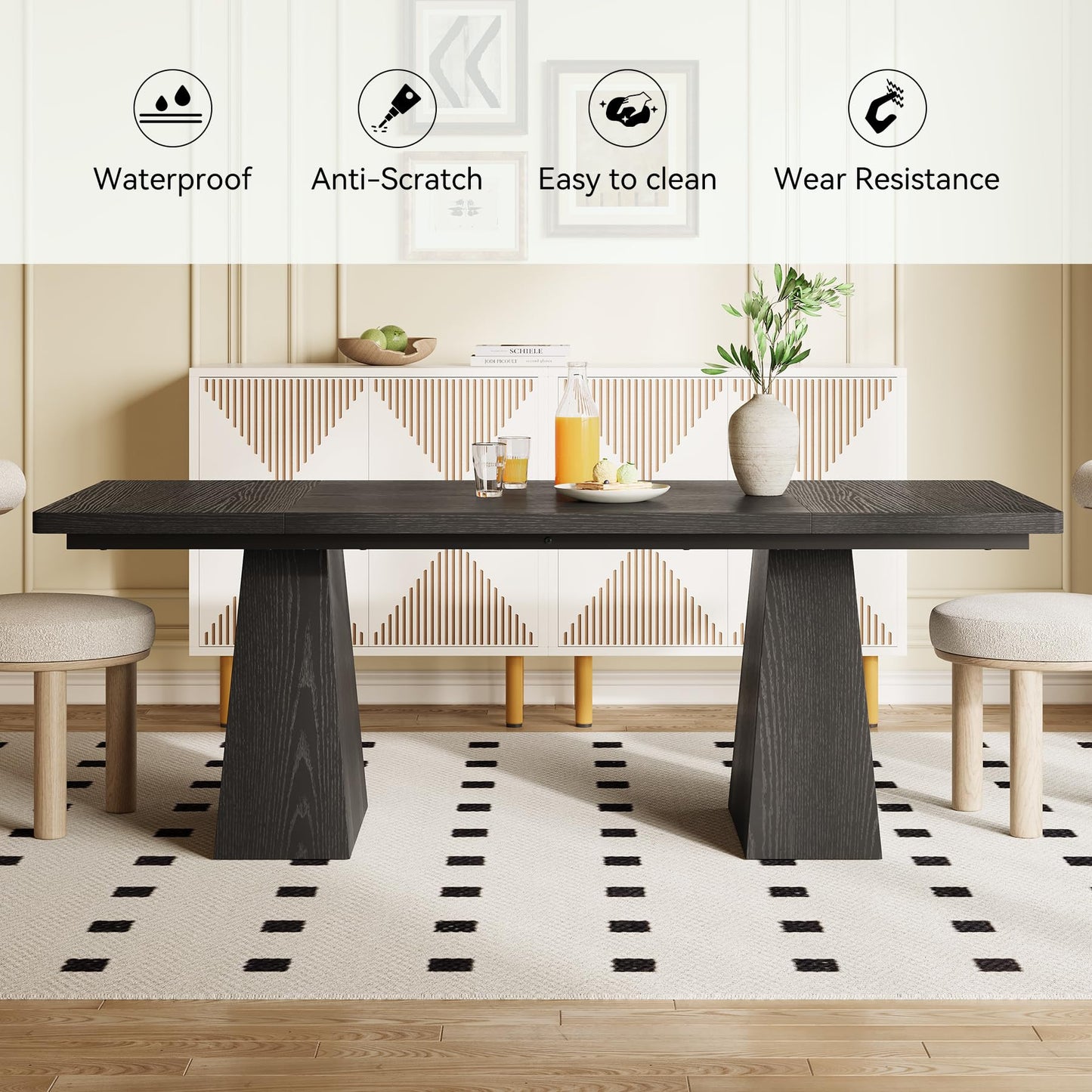 LITTLE TREE Dining Table for 4-6 People, Wooden Table, Rectangle Furniture with Heavy Duty Legs, Modern Kitchen Table for Home, Dining Room, Black