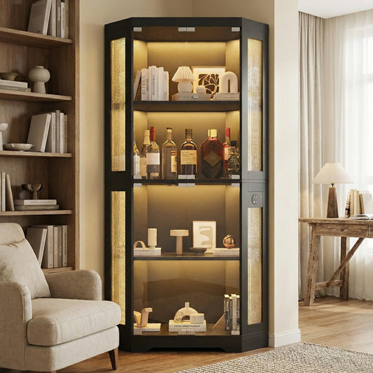 Garvee Glass Display Cabinet, 4-Tier Curio Cabinets with 3 Color Lights, Corner Bookcase for Collectibles, Storage Cabinets with Charging Ports for Living Room, Home Office