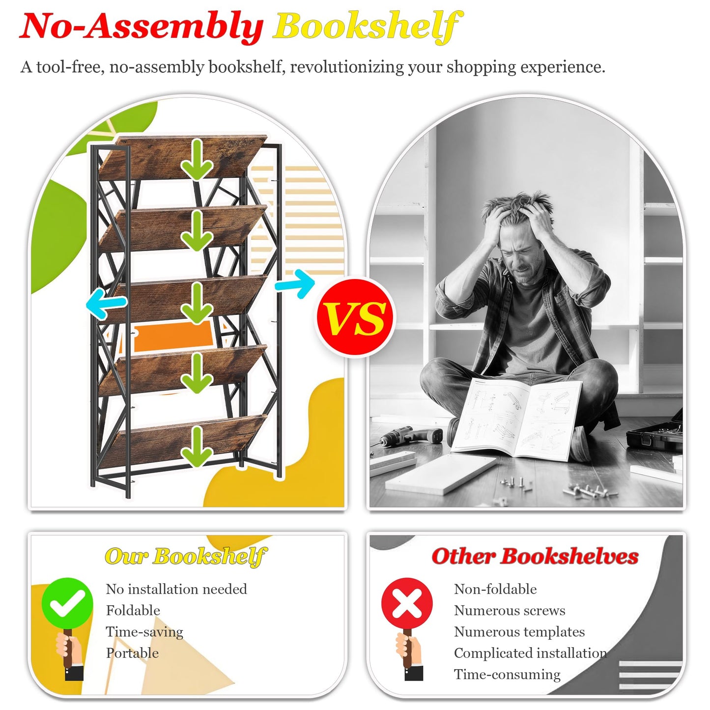 UDD No Assembly Wide Folding Bookshelf, 64.3" H x 30.9" W, 5 Tier Foldable Book Shelf Industrial Bookcase, Vintage Collapsible Storage Shelves for Home Office Living Room Bedroom, Rustic Brown Black