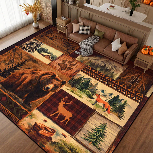 ASPMIZ Rustic Area Rug 9x12, Lodge Bear Moose Deer Cabin Rugs for Living Room, Low Pile Southwestern Washable Rug Non Slip, Soft Faux Wool Carpet for Bedroom, Vintage Country Wildlife Home Decor