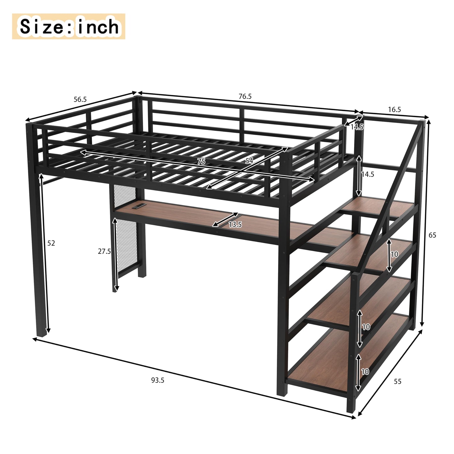 Bellemave Metal Full Size Loft Bed with Desk and Storage Stairs,Heavy Duty Loft Bed Frame Full Size with LED Lights and Charging Station for Kids,Teens,Adults,Black