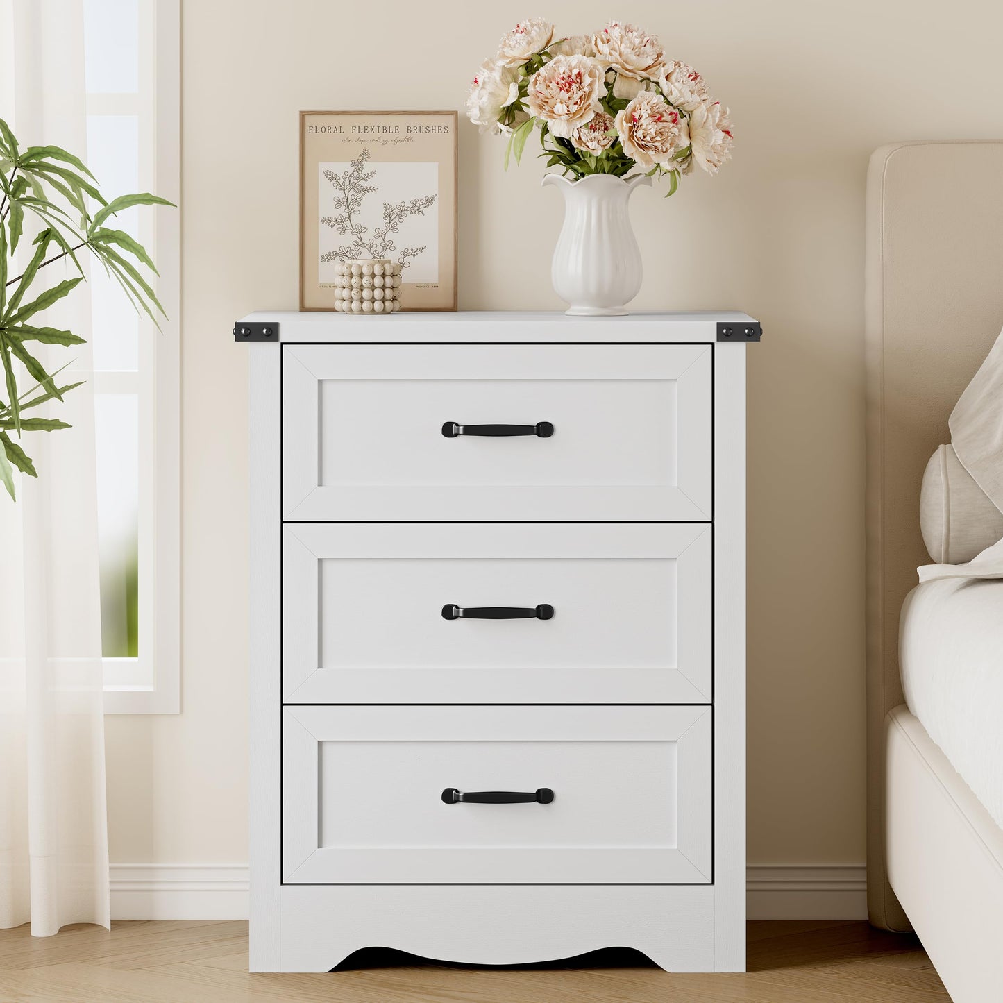 BORNOON Night Stand Set of 2, 3 Drawers Bedside Table Dresser with Metal Handles, Sturdy Wooden End Side Table Storage Cabinet with Anti-Tipping Design for Bedroom