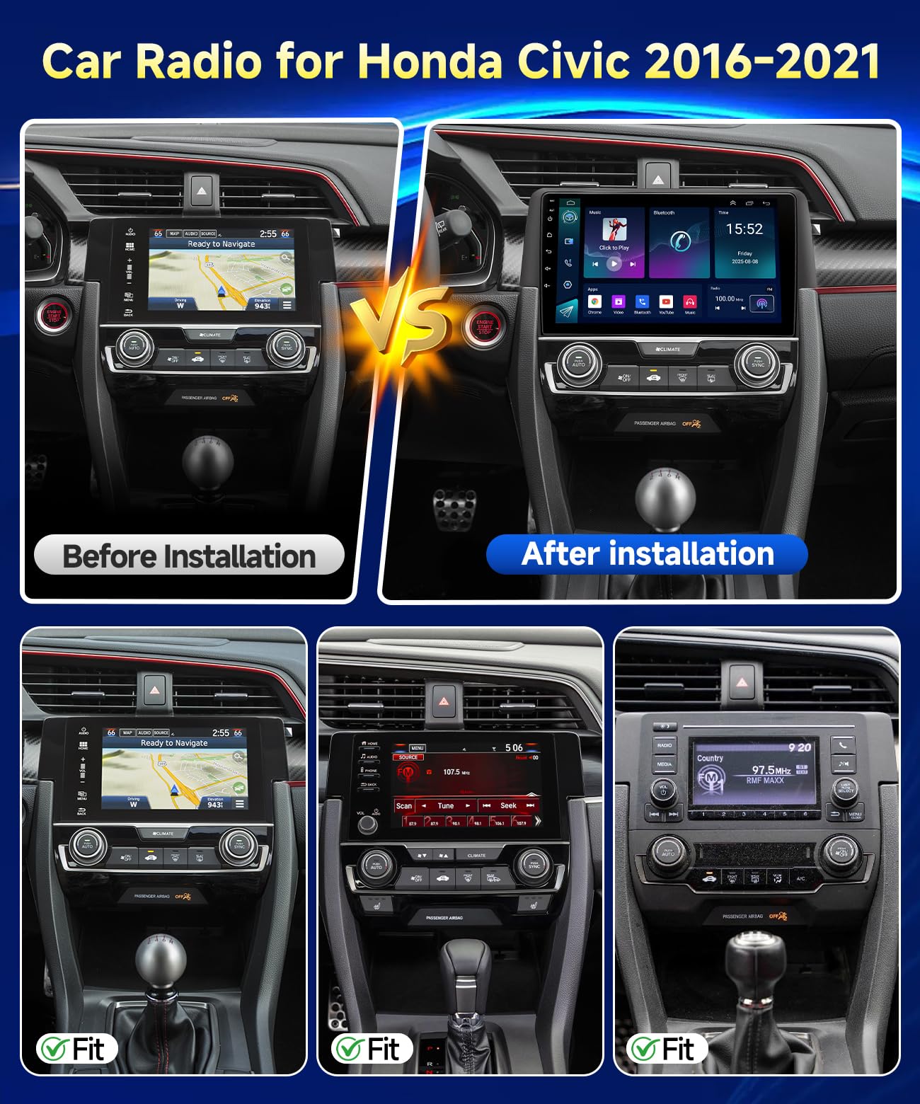 VQU 8Core Car Radio for Honda Civic 2016-2021 Android Touch Screen for Civic Stereo with Apple Carplay Android Auto GPS Navi Bluetooth 5.1 SWC FM WiFi Voice Control RCA RDS DSP Backup Camera, 4G+64G