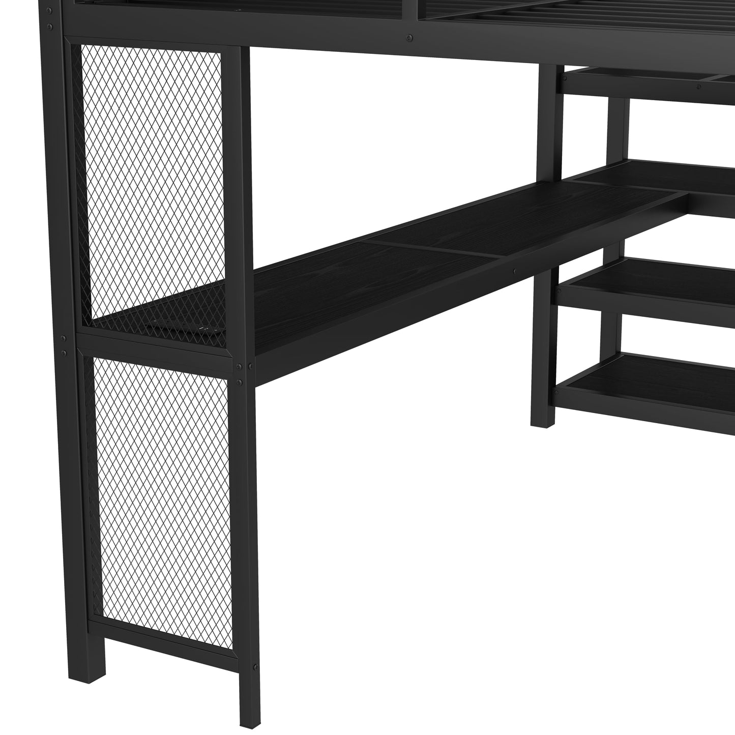 Bellemave Queen Loft Bed with Desk & Storage Stairs, Metal Queen Size Loft Bed Frame with Iron Nets, LED Lights & USB Ports, Heavy Duty Adult LoftBed for Bedroom, Noise-Free, Black Wood