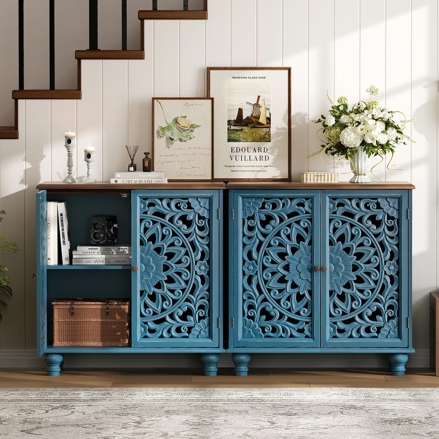 Accent Cabinet with Carved Doors,Blue Buffet Cabinet with Storage