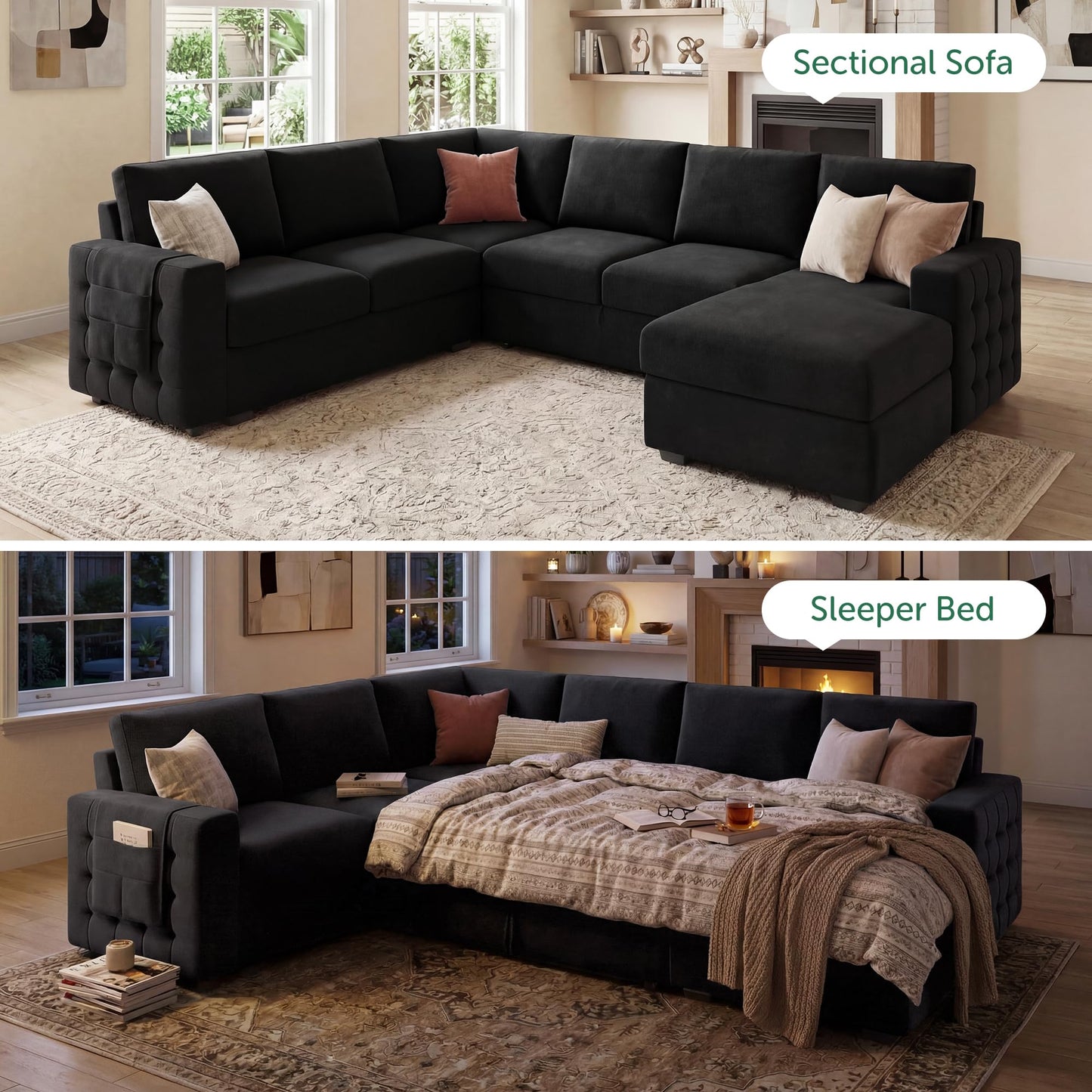 HONBAY Sectional Sleeper Sofa with Pull Out Bed U-Shape Sectional Couch with Storage Chaise 6 Seater Sleeper Sectional Sofa Bed, Velvet Black