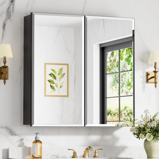 Keazile 30x30 Inch Medicine Cabinet with Mirror, Aluminum Bathroom Mirror Cabinet, Beveled Edge Mirrored Double Door, Adjustable Shelves, Surface or Recessed Mount Mirrors with Storage,Black
