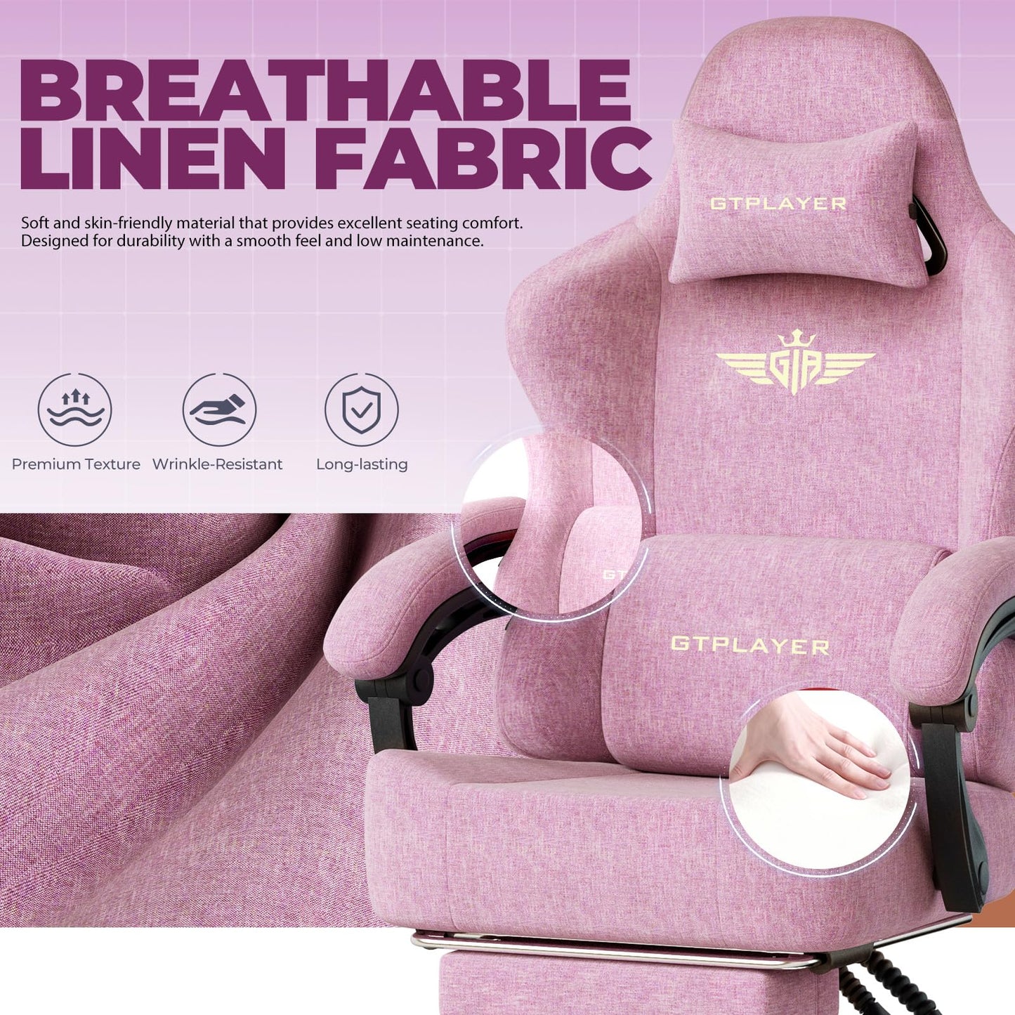 GTPLAYER Big and Tall Gaming Chair with Pocket Spring Cushion, High Back Ergonomic Computer Chair with Footrest for Adults Lumbar Support Swivel Game Chair for Office Gaming 350LBS, Fabric Pink
