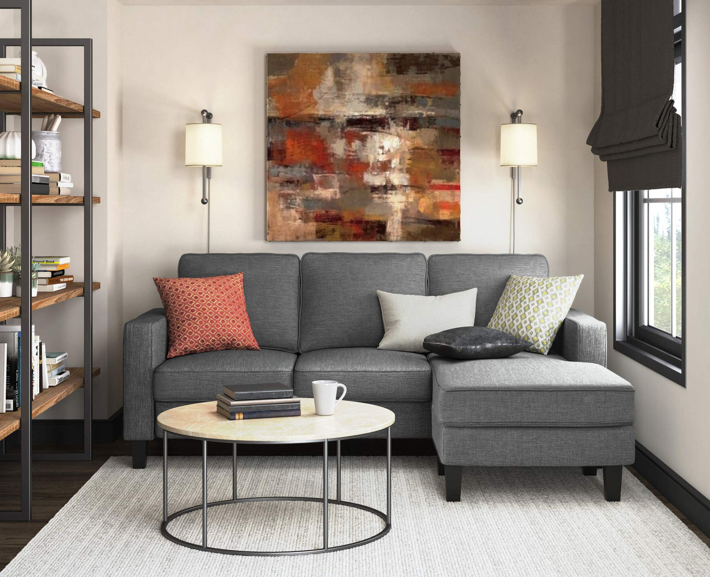 Serta Harmon Reversible Sectional Sofa, Modern L-Shaped Couch for Small Spaces, Soft Fabric Upholstery, Square Arm, Pillow Back Cushions, Dark Gray