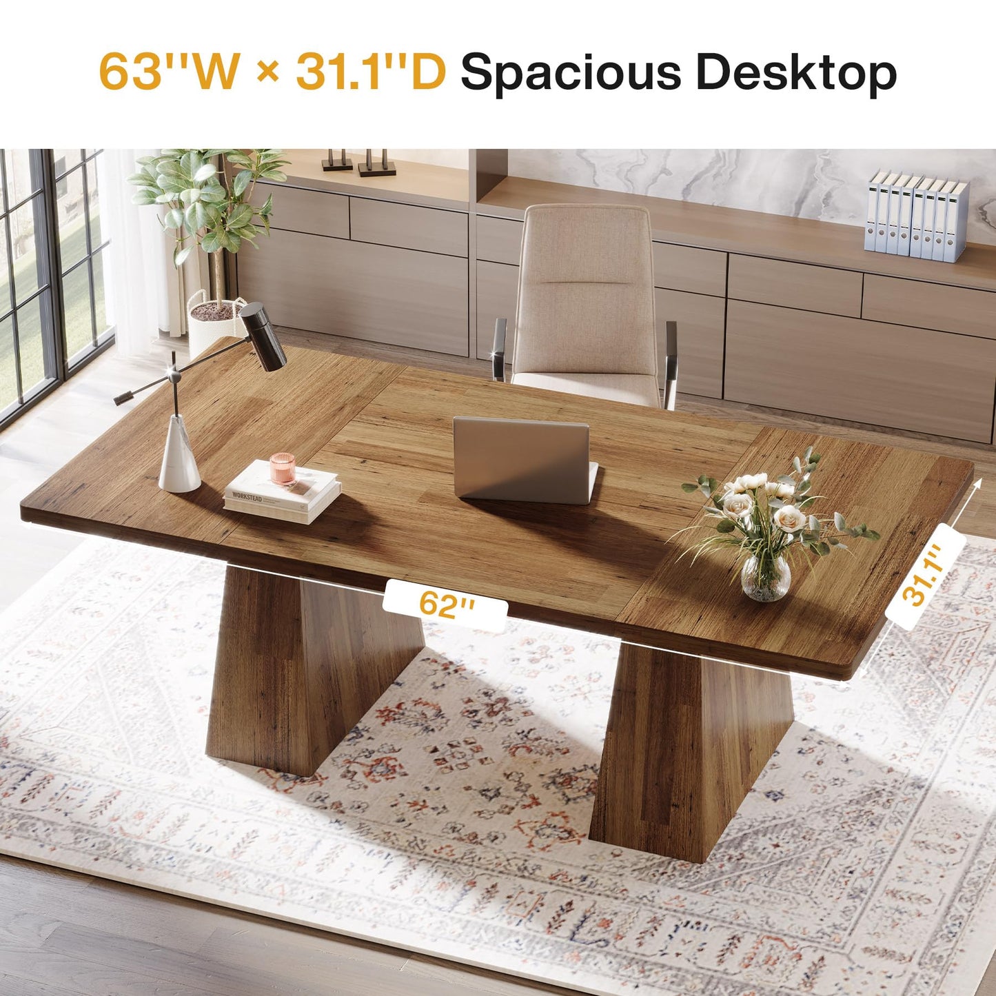 Tribesigns 63-Inch Executive Desk, Large Office Computer Desk with Double Pedestal, Modern Simple Workstations Writing Table Conference Table Business Furniture for Home Office, Light Brown