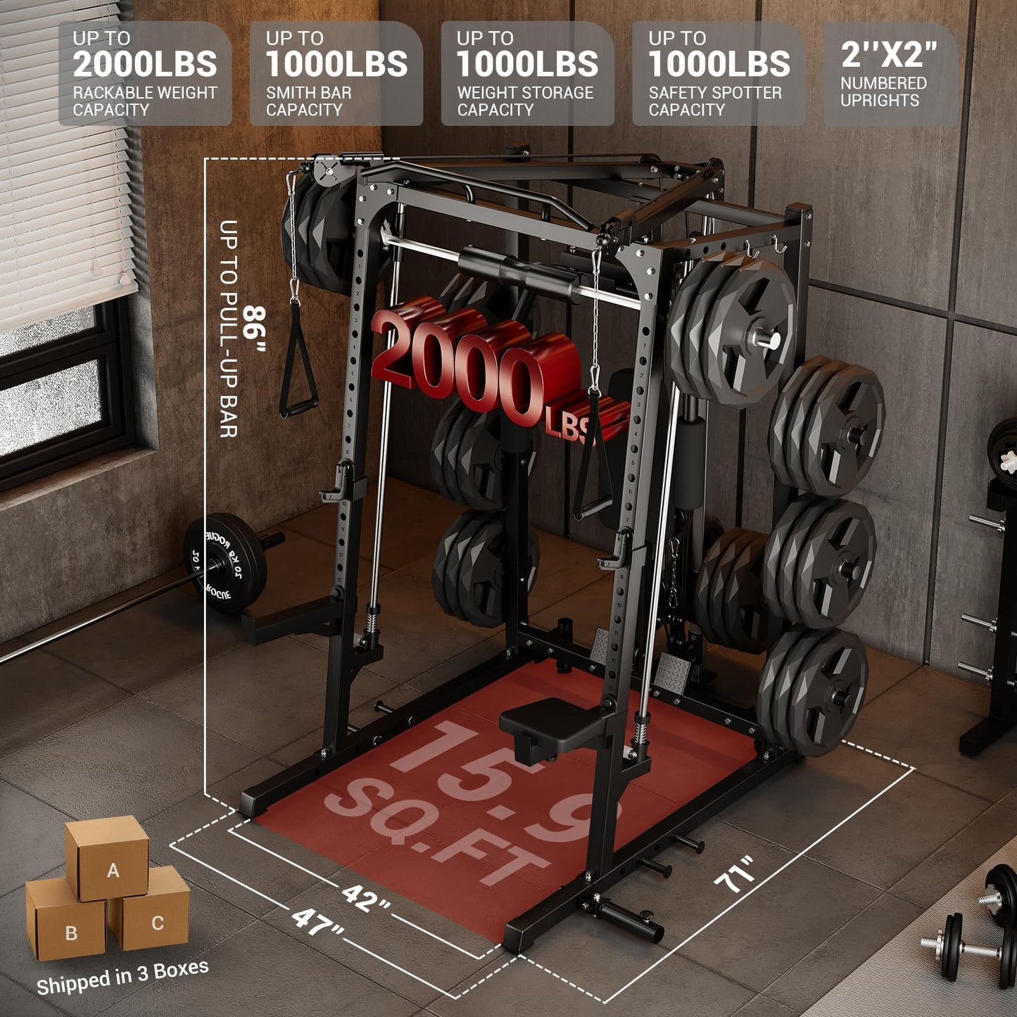 Garvee 2000LBS Smith Machine Home Gym, Multi-Function Power Cage Squat Rack with Cable Crossover & LAT Pulldown, Strength Training Equipment with 8 Weight Storage Pins and More (Plates Not Included)