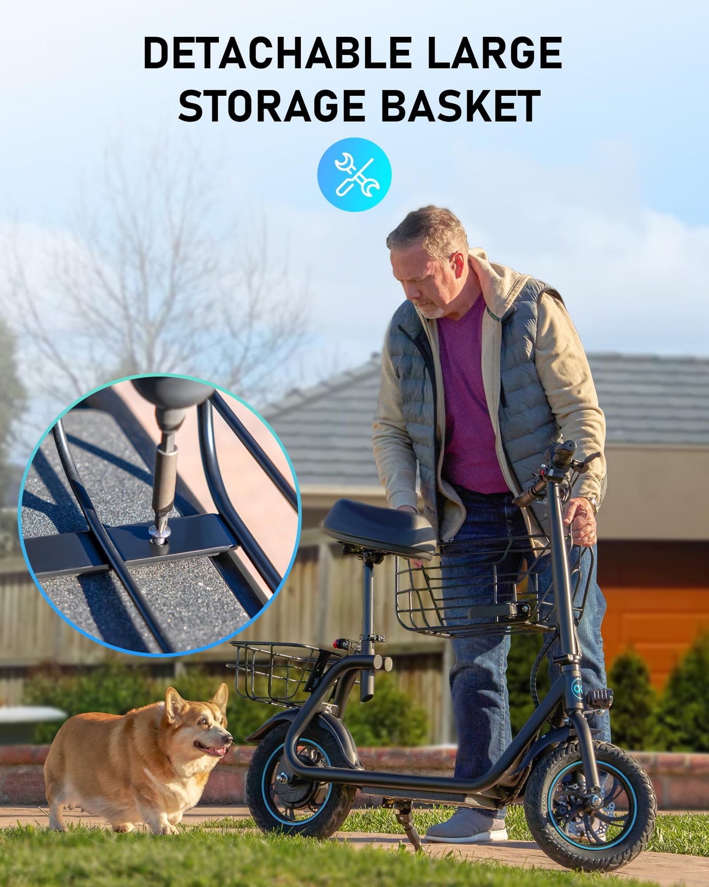 Gyroshoes C1S Electric Scooter for Adults with Seat & Large Basket, 550W Motor, 20 Mile Range, 19MPH, Foldable E-Scooter for Commuting, Pets Dog, Grocery Shopping, Dark