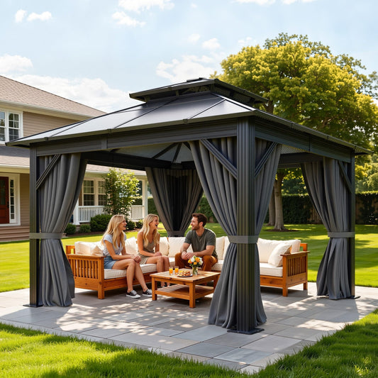 YITAHOME 10x10FT Gazebo Polycarbonate Hardtop Double Roof Canopy Outdoor with Netting and Shaded Curtains, Metal Frame Garden Tent for Patio, Backyard, Deck and Lawns, Grey