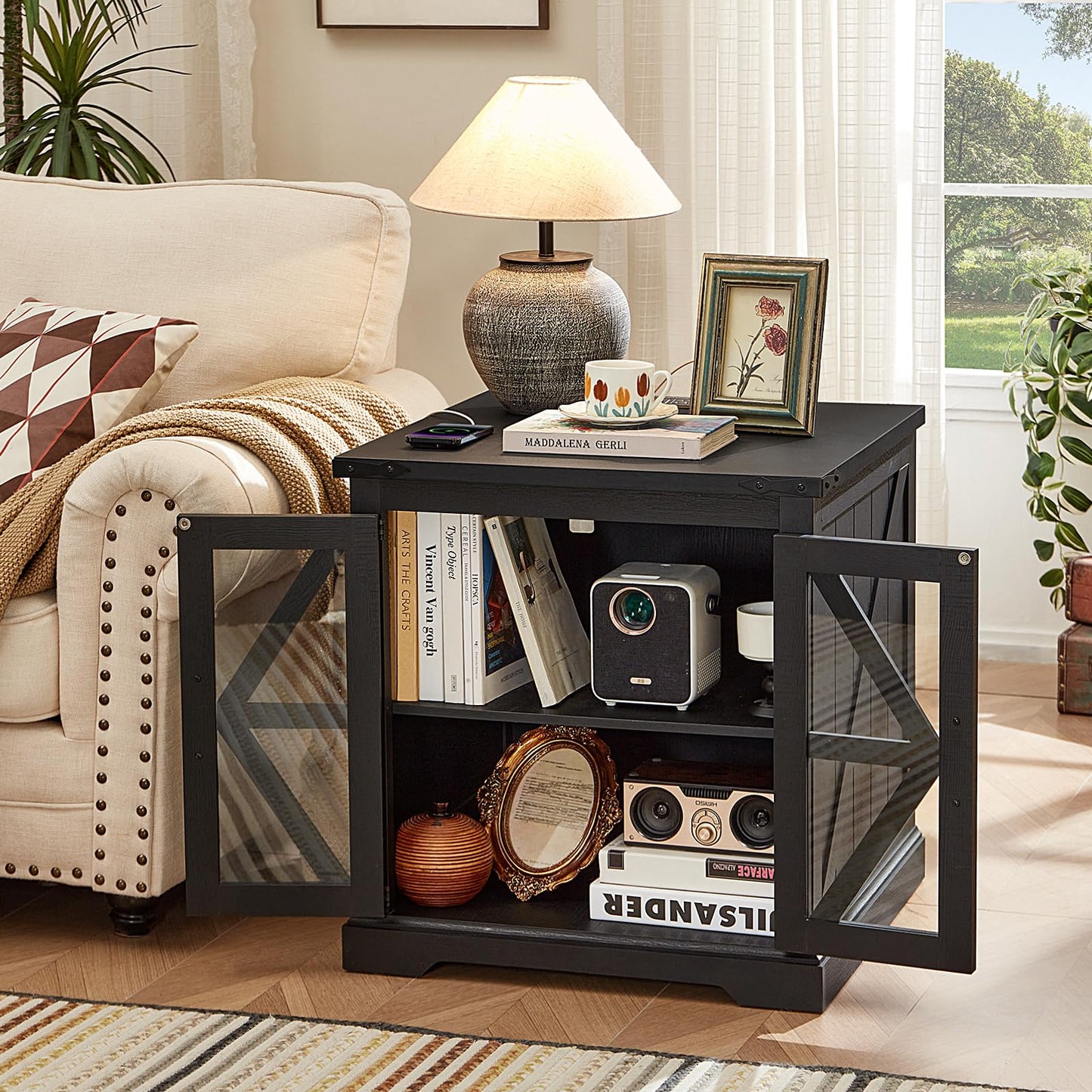 Joaxswe 24" End Table Set of 2 with Charging Station, Farmhouse Night Stand with Glass Barn Door, Nightstands with Adjustable Storage Shelf, Large Wood Square Bed Side Table for Living Room,Bedroom