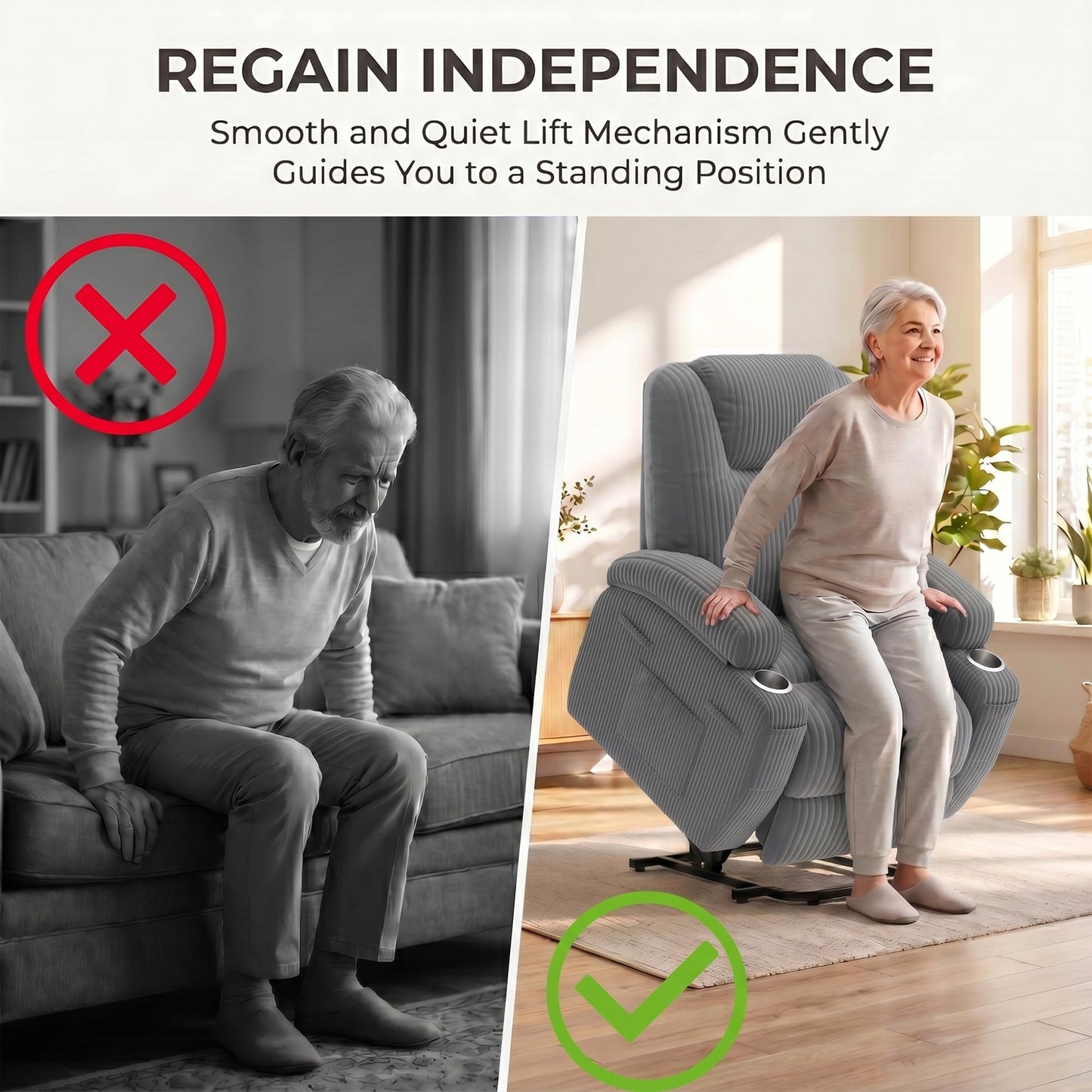 Flamaker Power Lift Chair Massage Recliner Chairs for Elderly, Corduroy Ergonomic Design with Cup Holders & Side Pockets, Remote Control (Dark Gray)