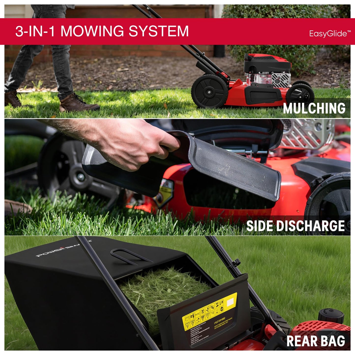 PowerSmart EasyGlide 21-Inch Gas Lawn Mower, 144cc 4-Stroke OHV Engine, Push Walk-Behind, 3-in-1 Mulch/Bag/Side Discharge, Steel Deck, 6 Height Adjustment