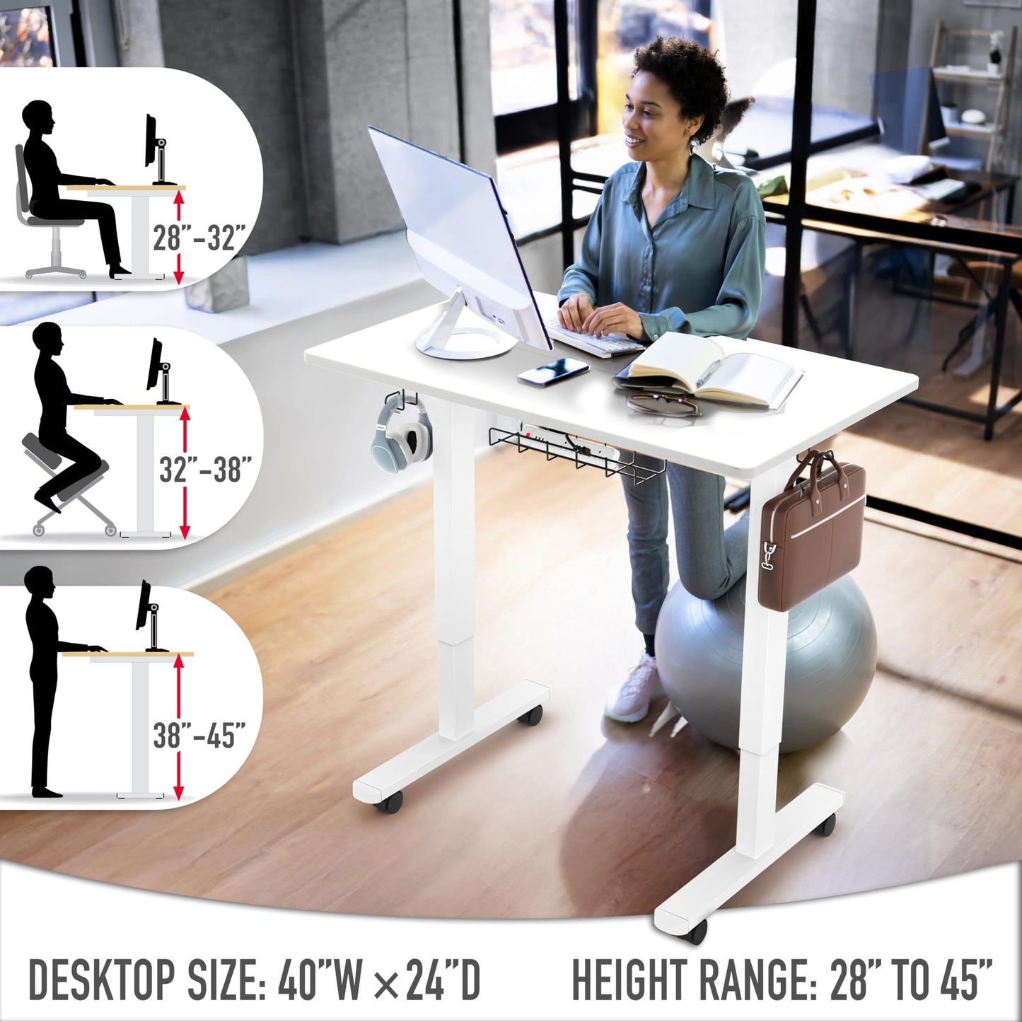 SHW 40-Inch Mobile Electric Height Adjustable Sit to Stand Desk with Drawer, Hanging Hooks and Cable Management, White