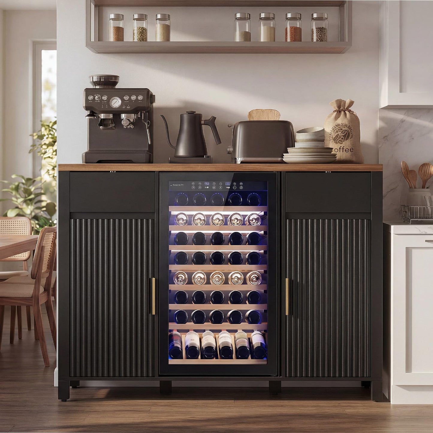 Garvee 53" Fluted Coffee Bar with Mini Fridge Space & Charging Station, Fits 19.7" Mini Fridge, Fridge Cabinet with Wine Storage, Buffet Sideboard with Wine Rack and Storage for Dining Room, Black