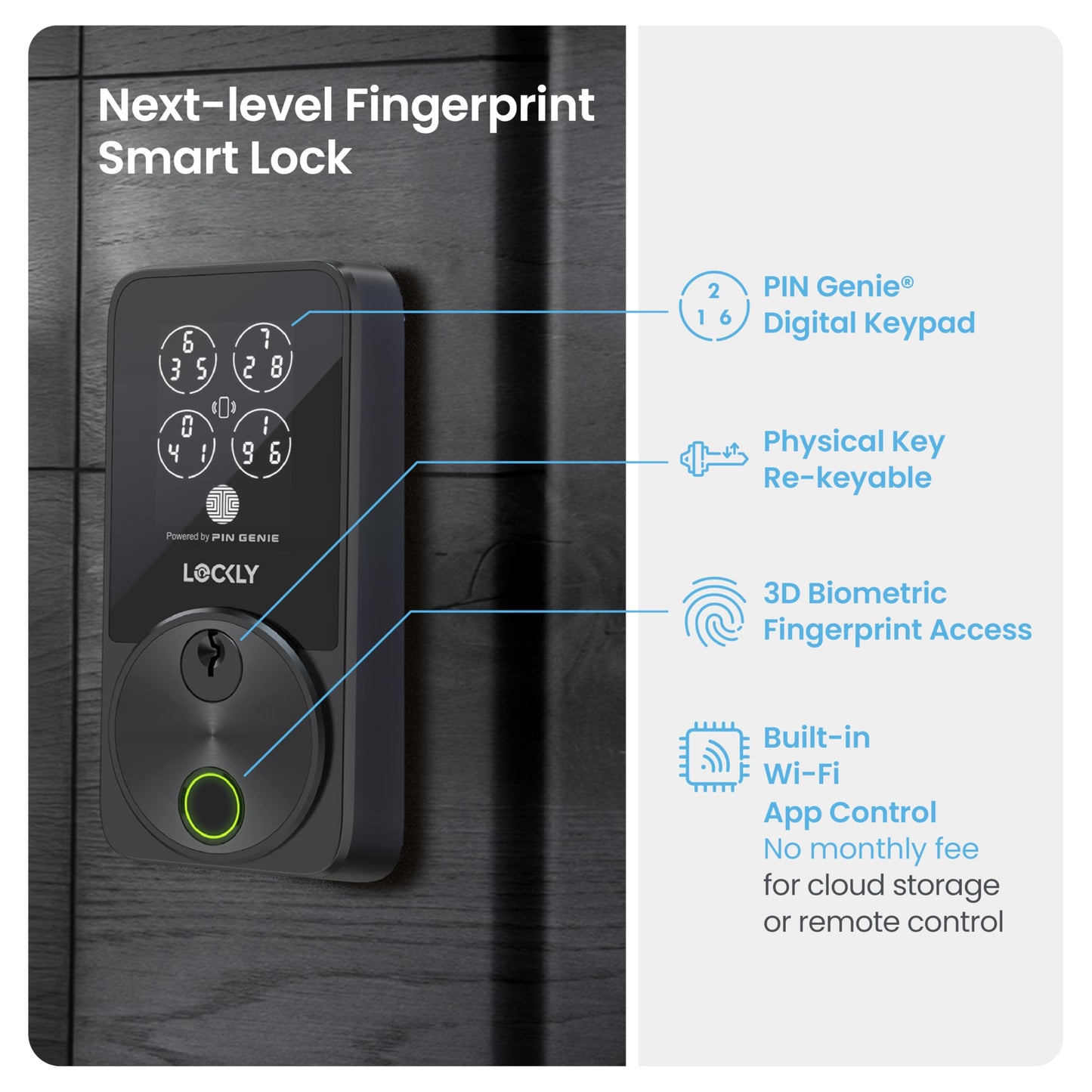 Lockly Secure Pro Smart Door Lock,Fingerprint Keyless Entry Door Lock,Apple Home Key Compatible,Auto Lock, App Remote Control,IP65 Waterproof,Easy Installation