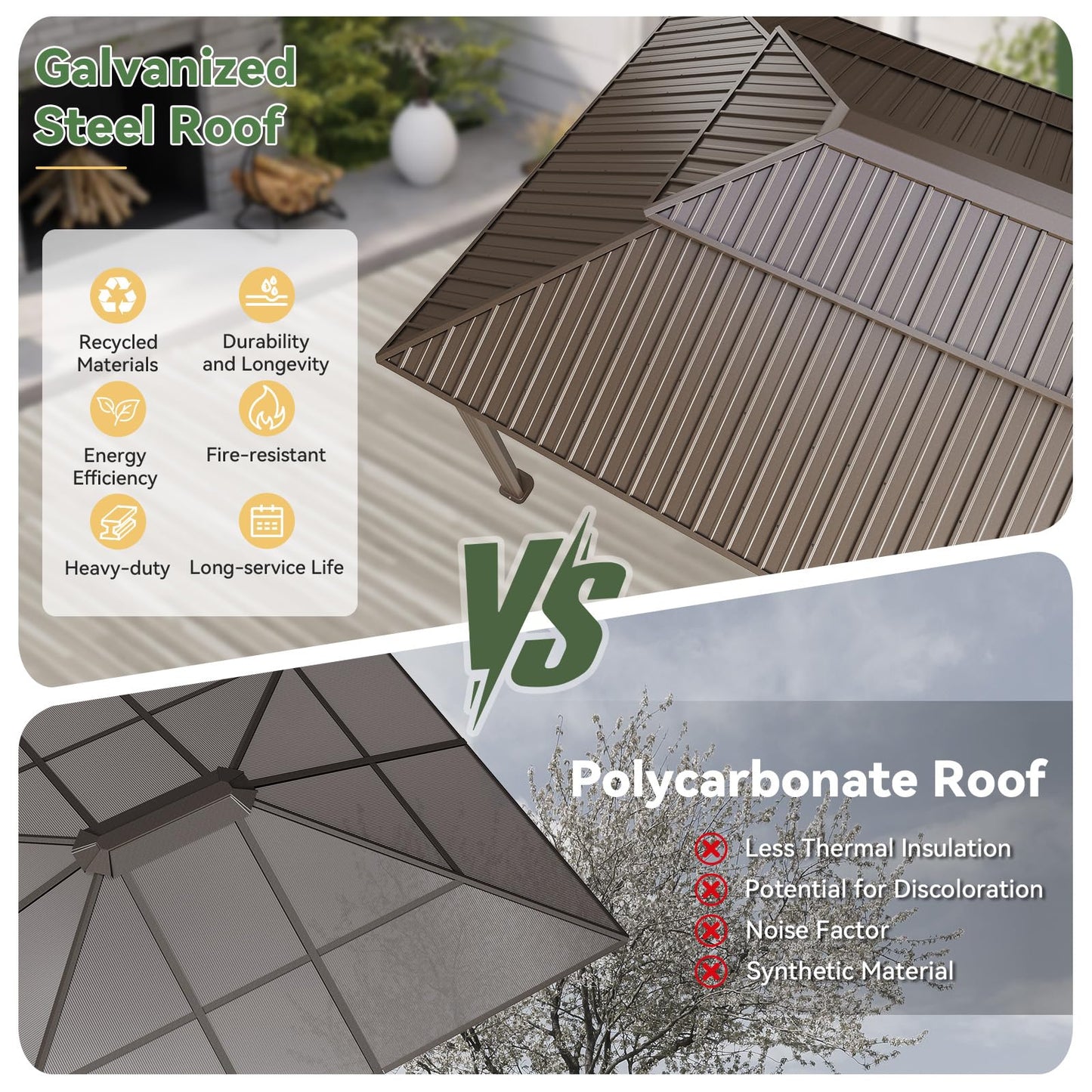Aoxun 10x12 Gazebo Outdoor Hardtop Gazebo with Double Galvanized Steel Roof Metal Frame Pavilion with Breathable Netting and Privacy Curtain for Backyard (Brown)