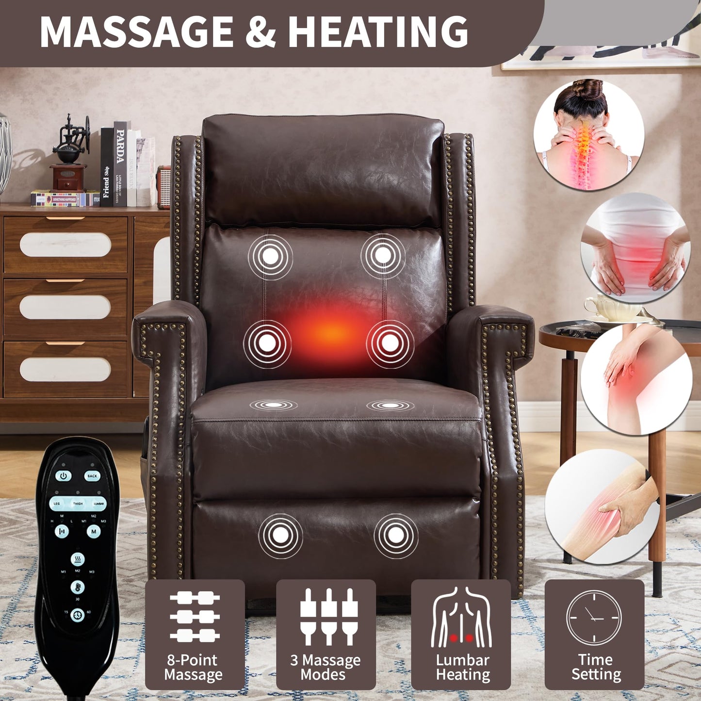 KEIKI Mid Century Modern Oversized Recliner Accent Chair for Adults, Manual Leather Recliner Chair with Back Massager and Heating for Living Room, Rocking Chaise Lounge Chair Indoor, Antique Brown