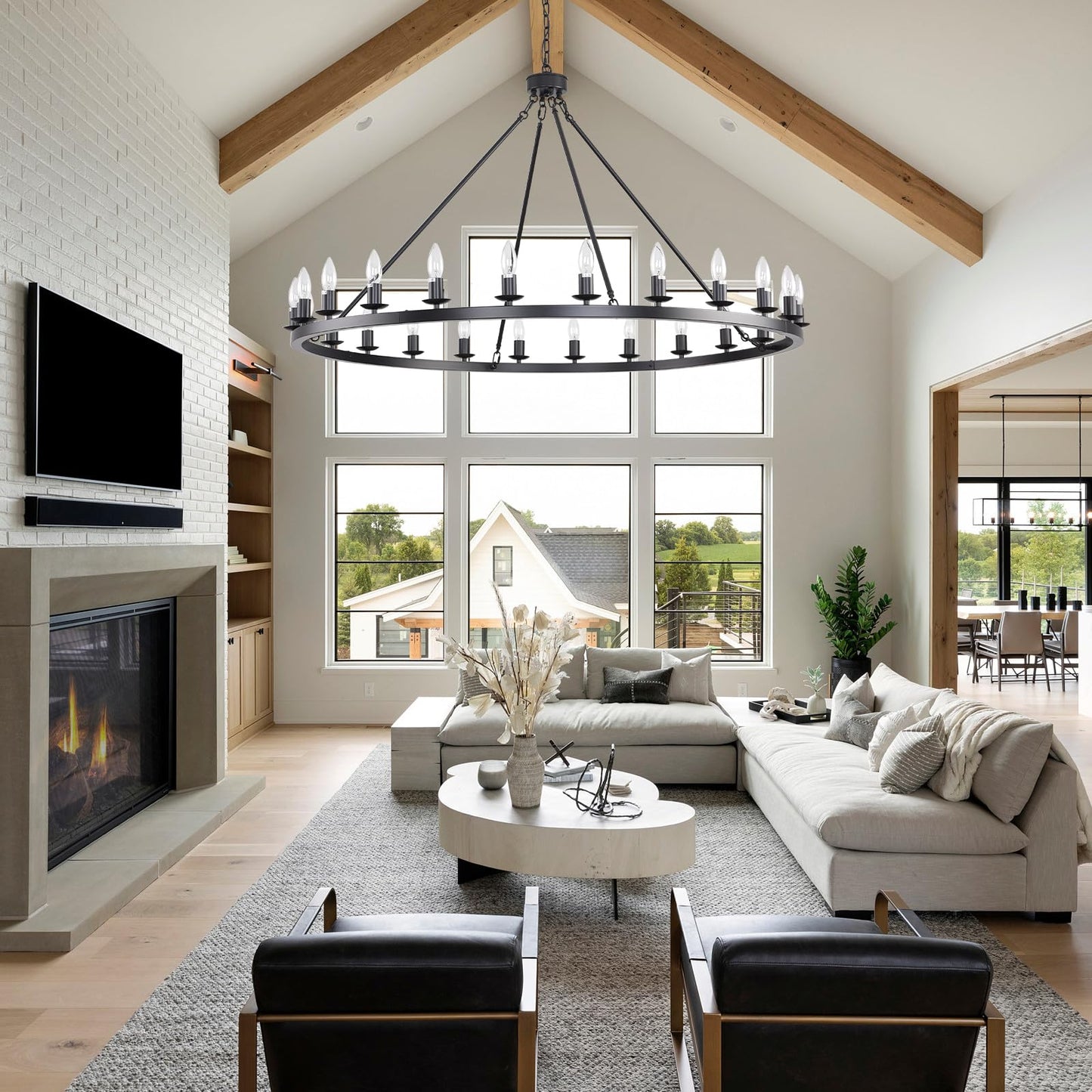JKLX 48 Inch Black Large Wagon Wheel Chandelier, 24-Lights Farmhouse Industrial Round High Ceiling Light Fixture Adjustable Chain for Outdoor Porch,Foyer,Dining Room, Living Room