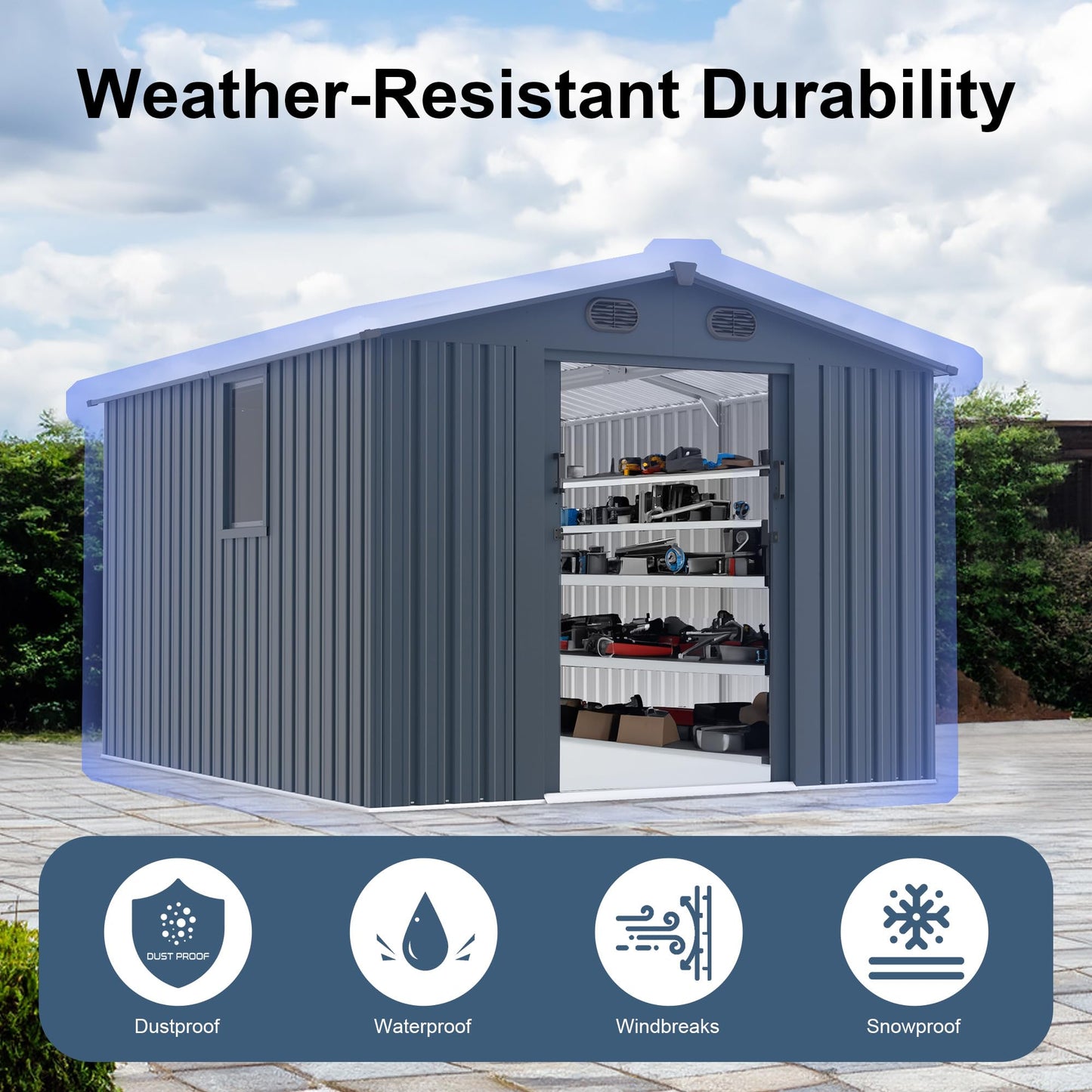 Zolyndo Outdoor Storage Shed 8x10 FT with Window - Metal Sheds & Outdoor Storage for Motorcycle, Bike, Garden Tool, Lawnmower - Backyard Tool Building with 1 Sliding Door, 4 Vents (Without Floor)
