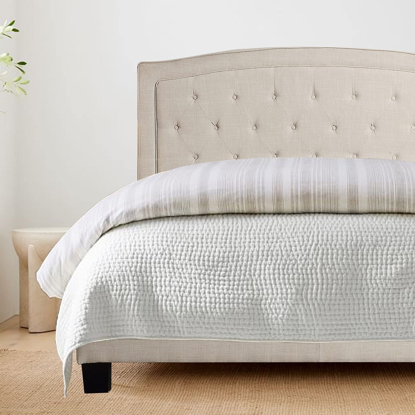 Rosevera Carlisle Panel Bed Frame with Adjustable Button-Tufted Headboard for Bedroom/Linen Upholstered/Wood Slat Support/Easy Assembly,King,Classic Beige