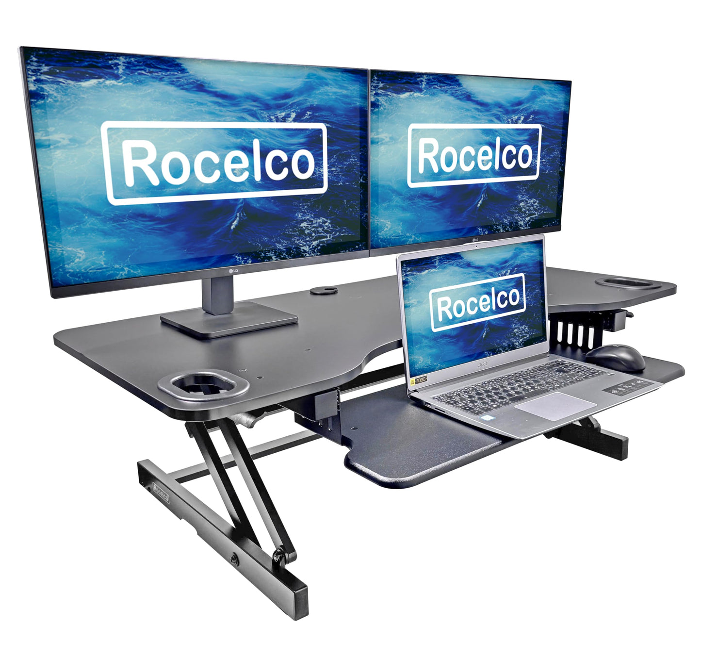 Rocelco 45" Height Adjustable Standing Desk Converter - Slide Out Retractable Keyboard Tray - Sit Stand Up Triple Monitor Riser - Dual Piston Lift Tabletop Computer Workstation - Black (R ADRB-45)