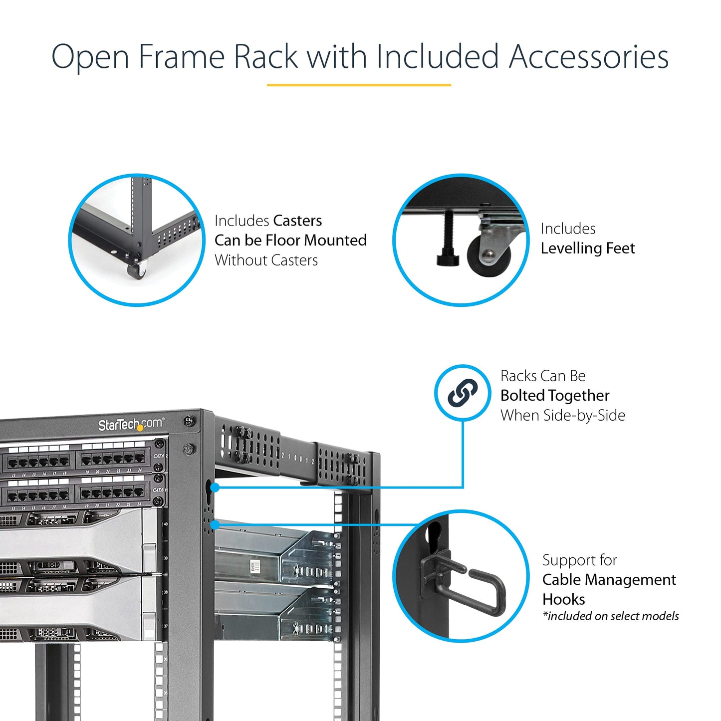 StarTech 15U 4-Post Server Rack, 19in Open Frame Rack with 40in (101cm) Mounting Depth and 1200lb (544kg) Weight Capacity, Mobile or Floor Mount IT Rack