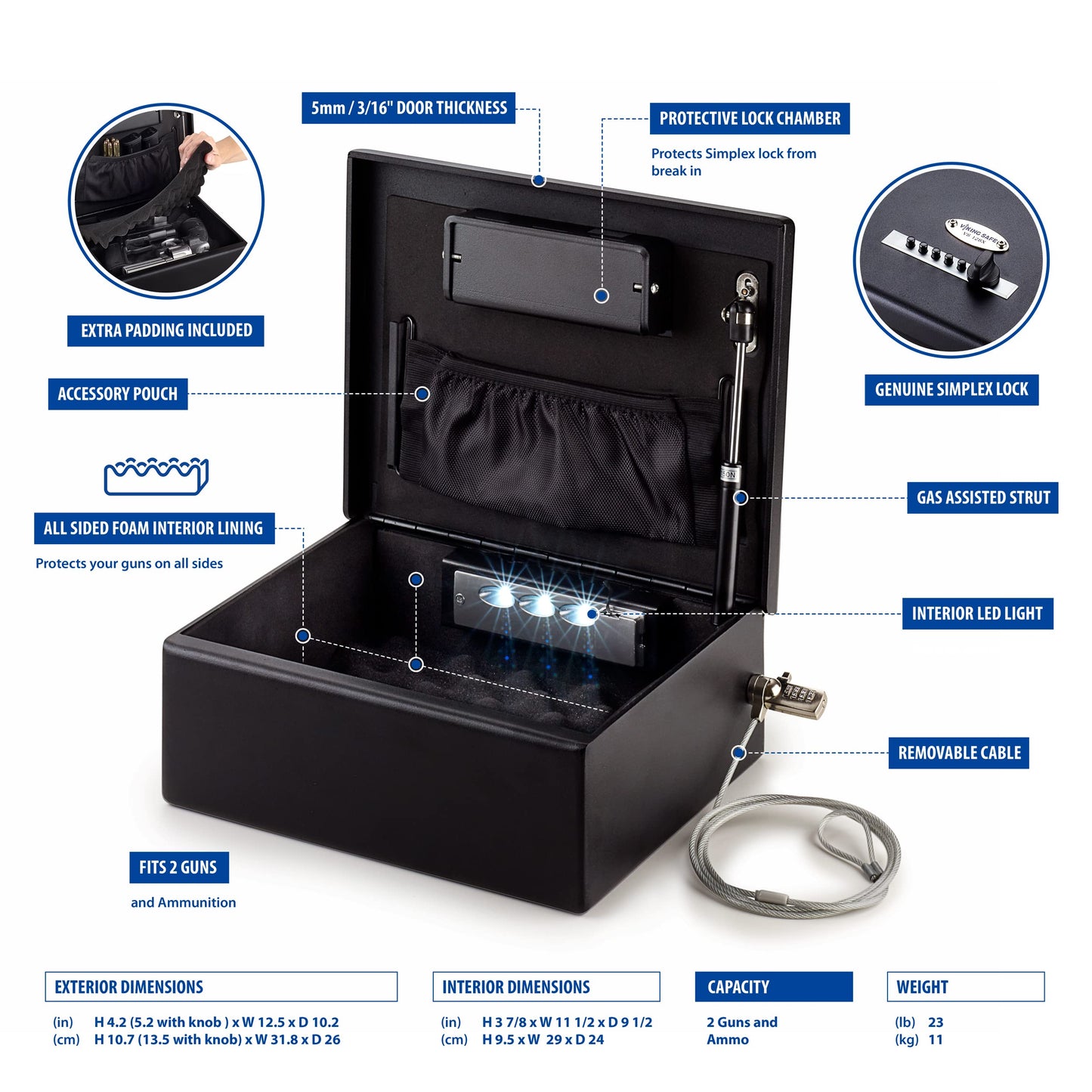 Viking Security Safe VS-12LSX Heavy Duty Mechanical Simplex Lock Two Gun Safe 2 Handgun Capacity Pistol with Security Cable Lock